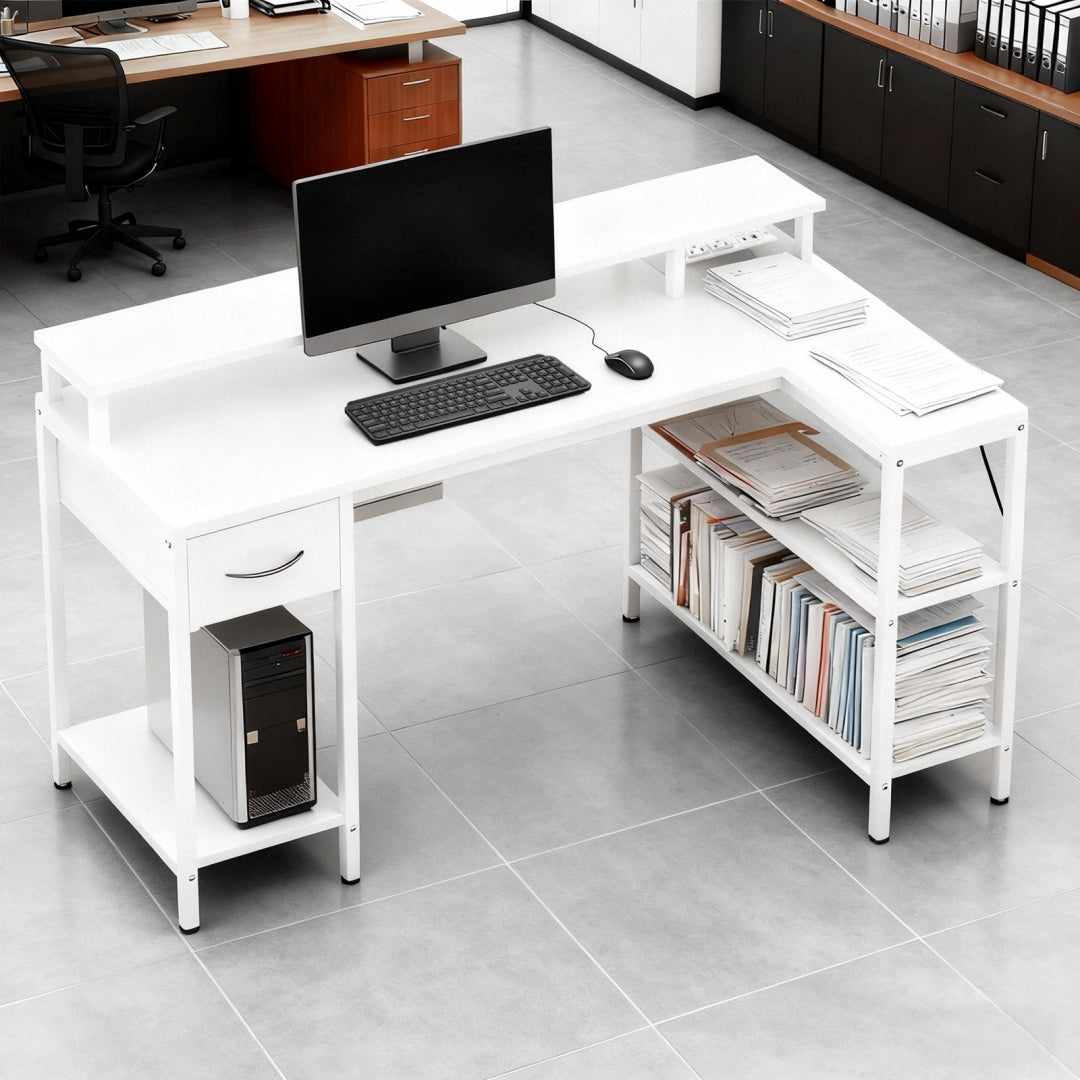 L-Shaped Gaming Table with USB Charging & LED Light