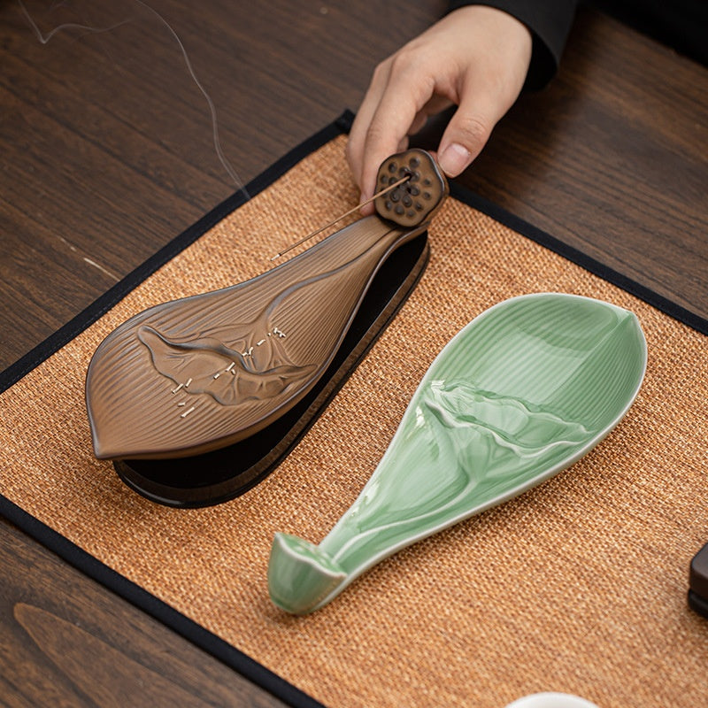 Ceramic Lotus Boat Incense Holder with Wooden Base - Zen Home Fragrance Decor