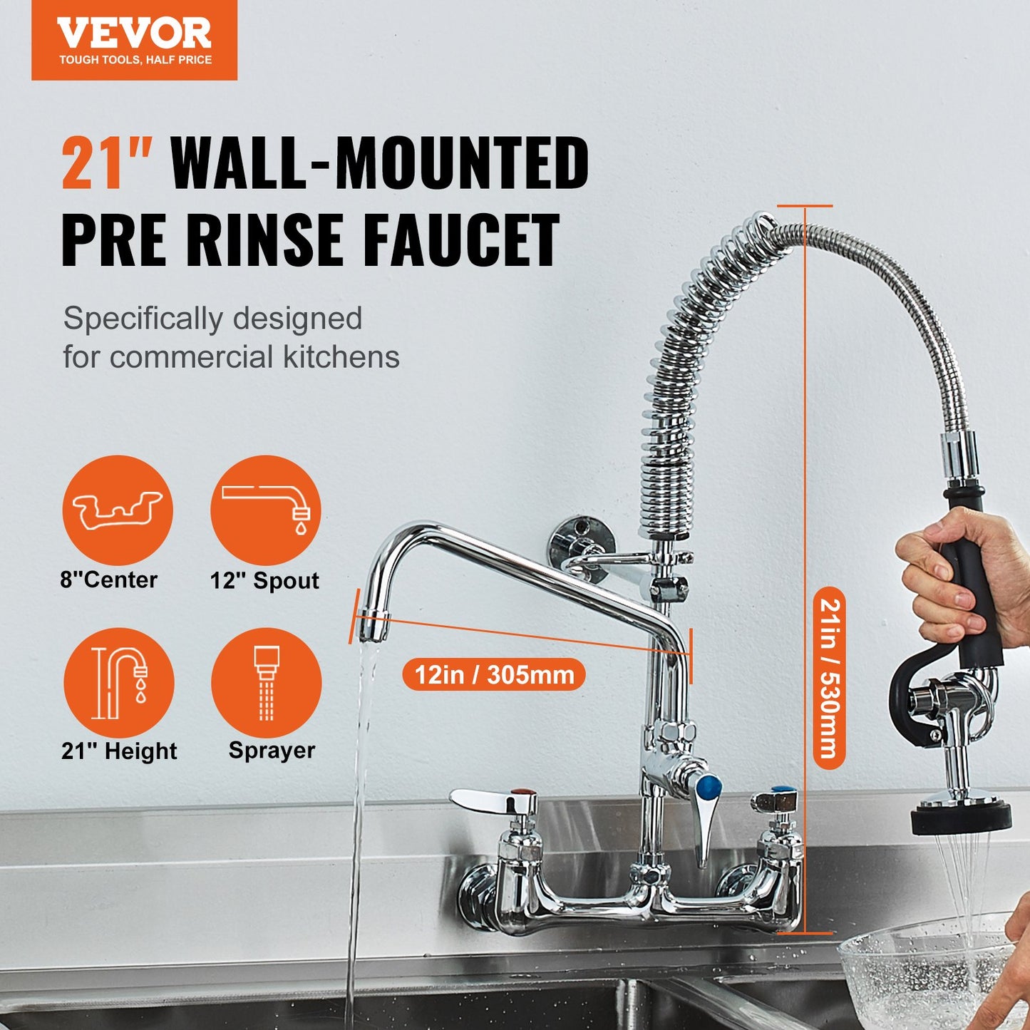 Wall-Mounted Commercial Faucet with Pre-Rinse Sprayer - Silver