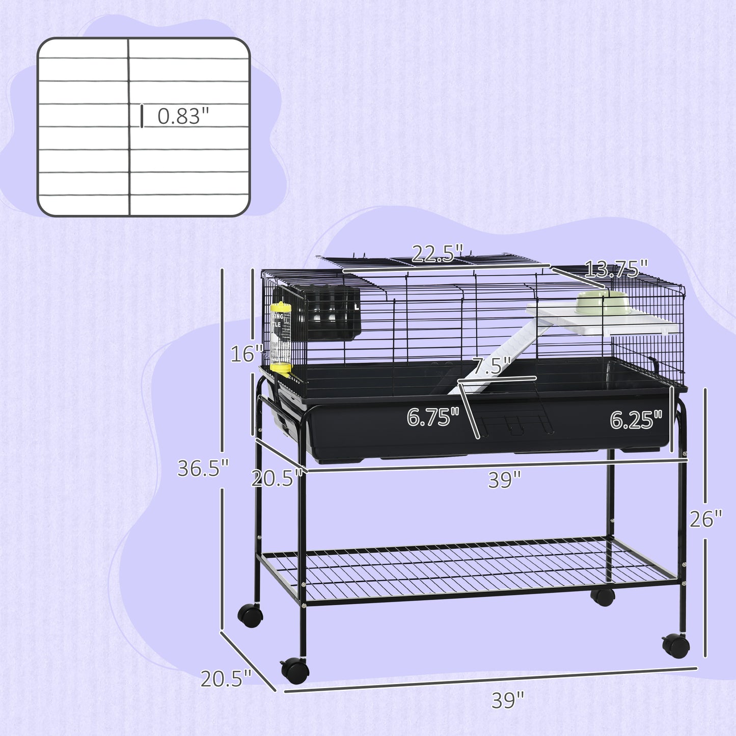 Small Animal Cage with Removable Stand, Wheels & Shelf for Guinea Pig, Hedgehog & Ferret - 39x20.5x36.5 Inches, Grey