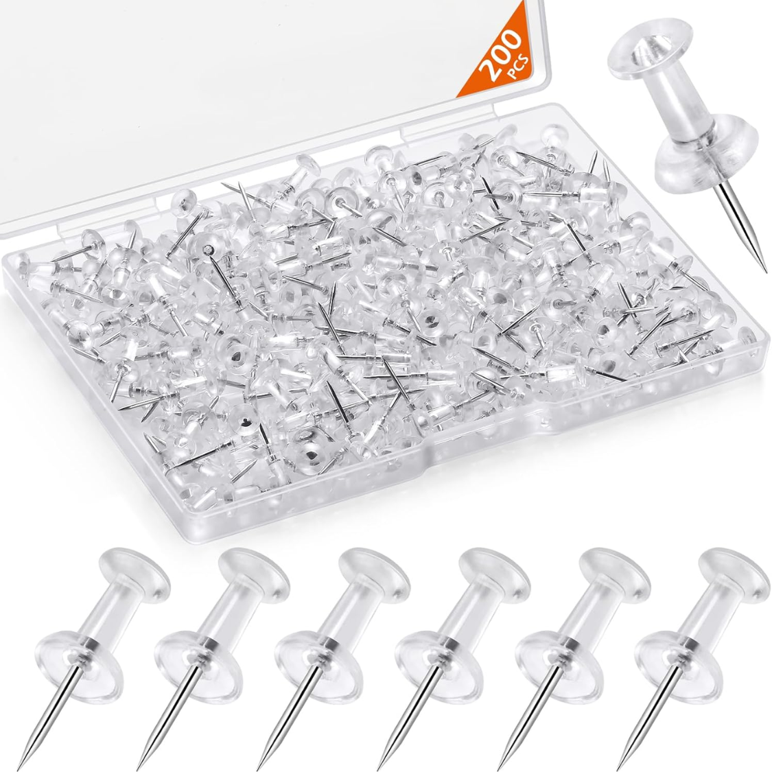 200 Clear Thumb Tacks - Decorative Push Pins for Bulletin Boards