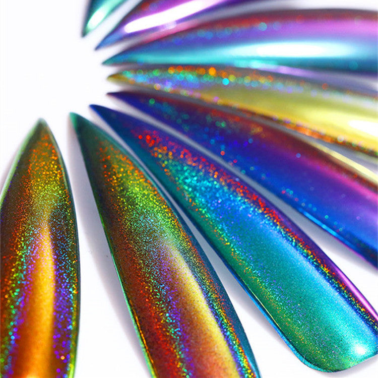 Mirror Effect Nail Art Powder Set - Rainbow Peacock Aurora Laser Finish