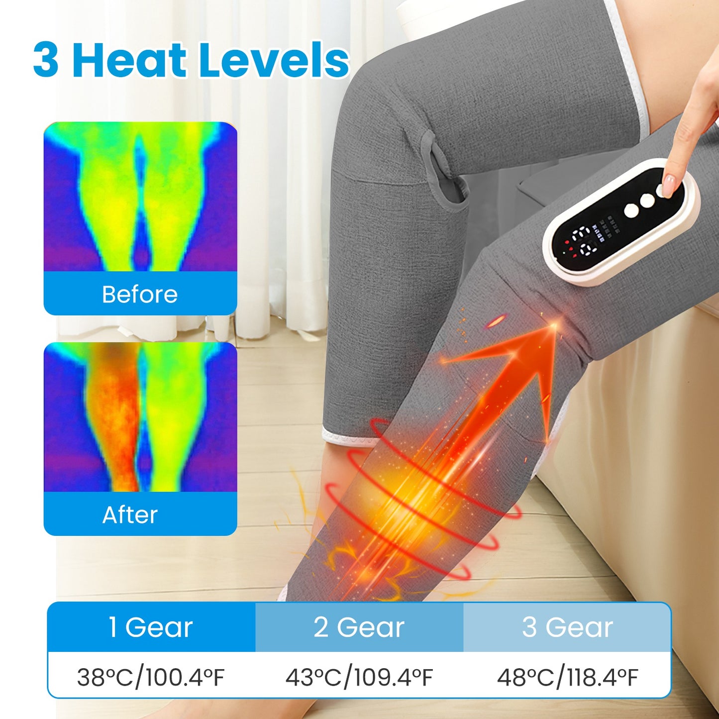 Cordless Leg Massager with Heat & Air Compression - Adjustable Calf Wrap