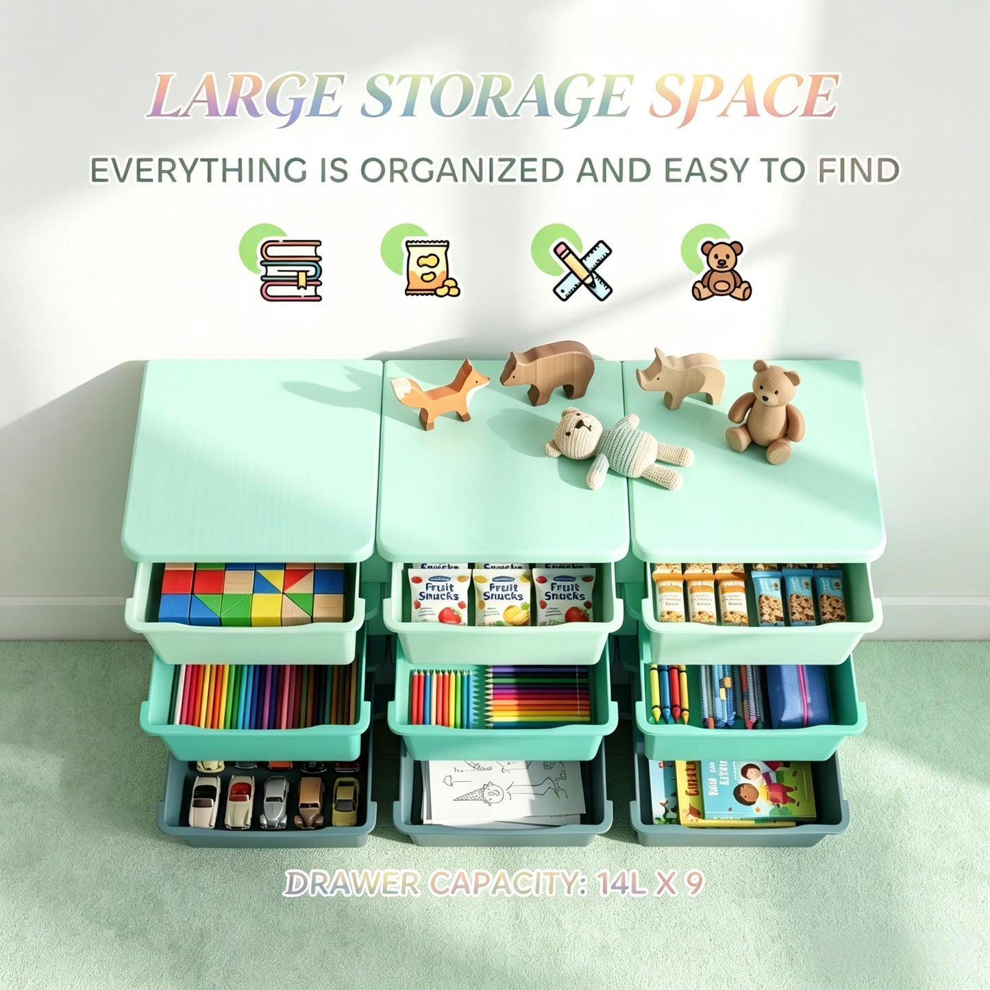Toy Storage Organizer - Space-Saving Vertical Drawer Unit - Green