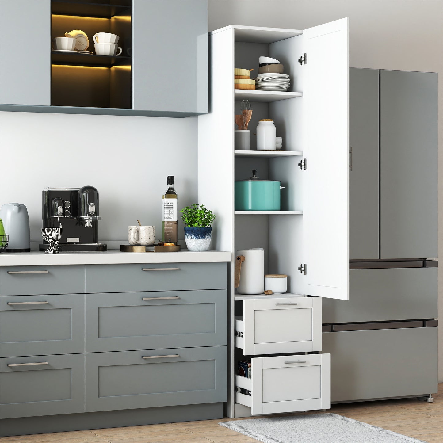 Tall Kitchen Pantry Cabinet with 1 Door & 2 Drawers - White