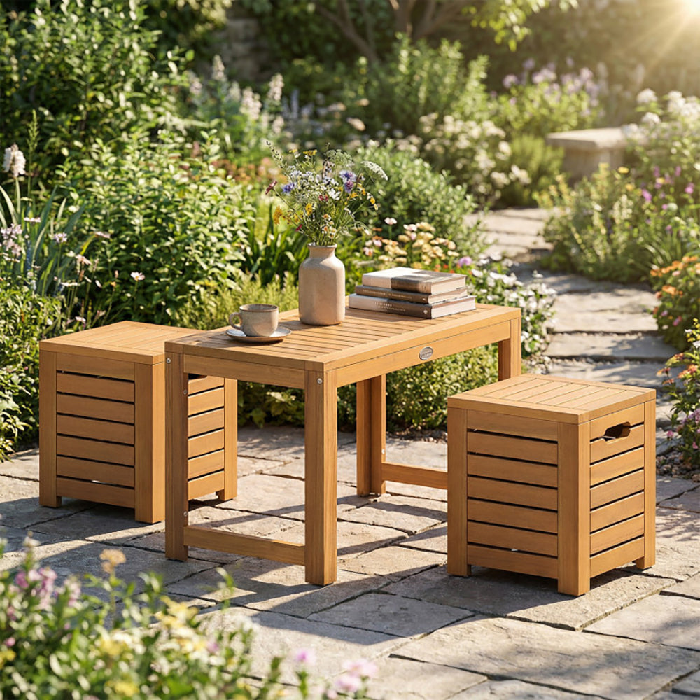 Acacia Wood Outdoor Coffee Table With Stools Set Of 2 3 Pieces Patio