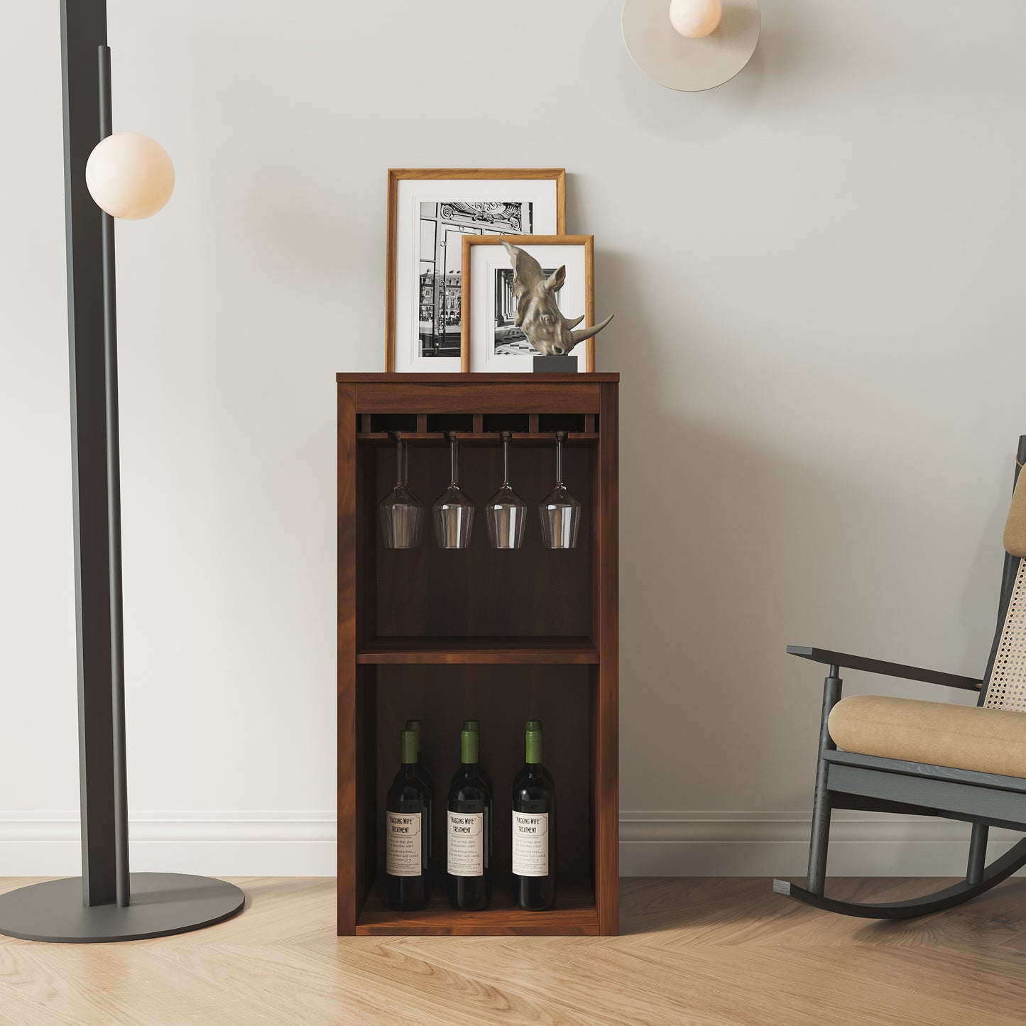 Modular Wine Bar Cabinet with Hutch - Walnut Brown