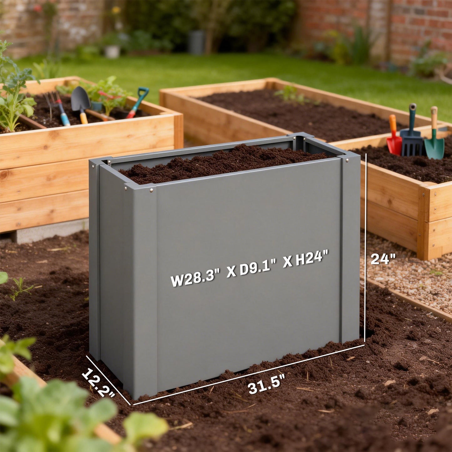 Galvanized Steel Raised Garden Bed Planter Box Outdoor with Gloves - 2.6 x 1 ft, Gray