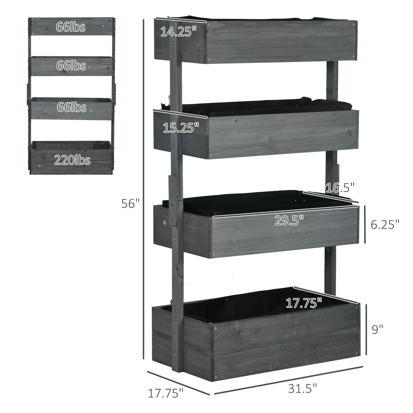 Outdoor Wooden Vertical Garden Planter Box - 4 Tier Self-Draining Herb Vegetables Flower Bed