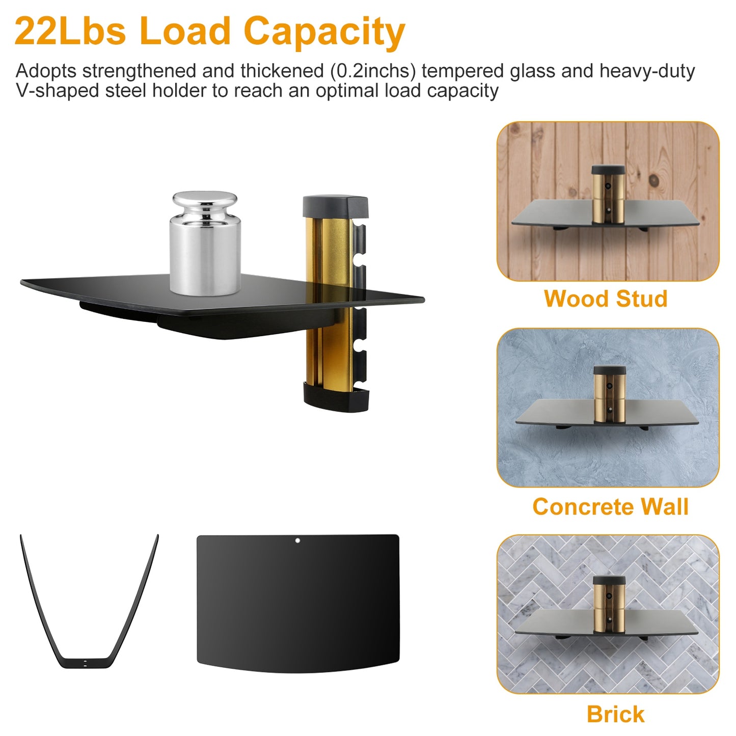 Floating Wall Shelf - Tempered Glass Storage for DVD & Cable Boxes - Gold