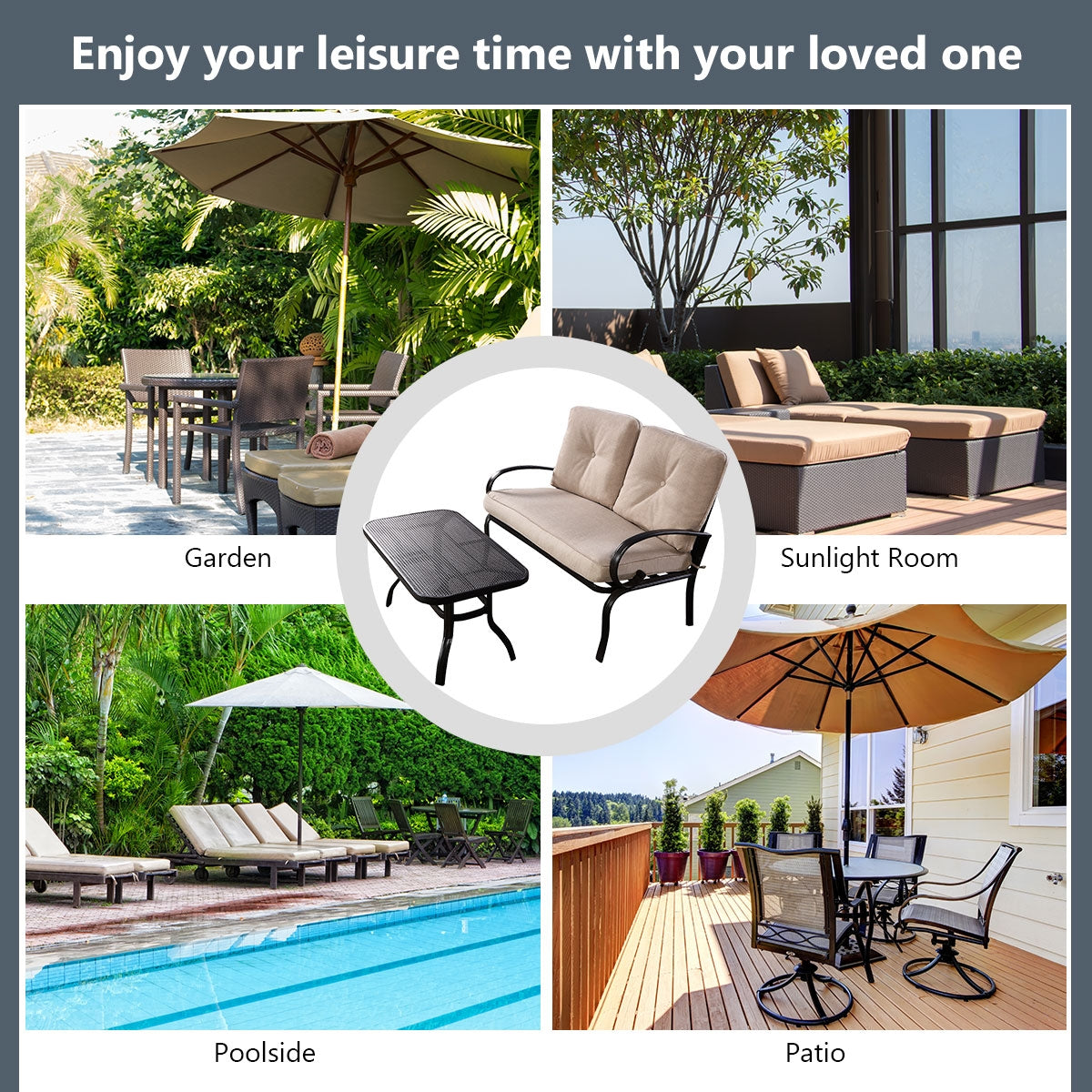 2-Piece Outdoor Cushioned Loveseat and Coffee Table Set - Beige