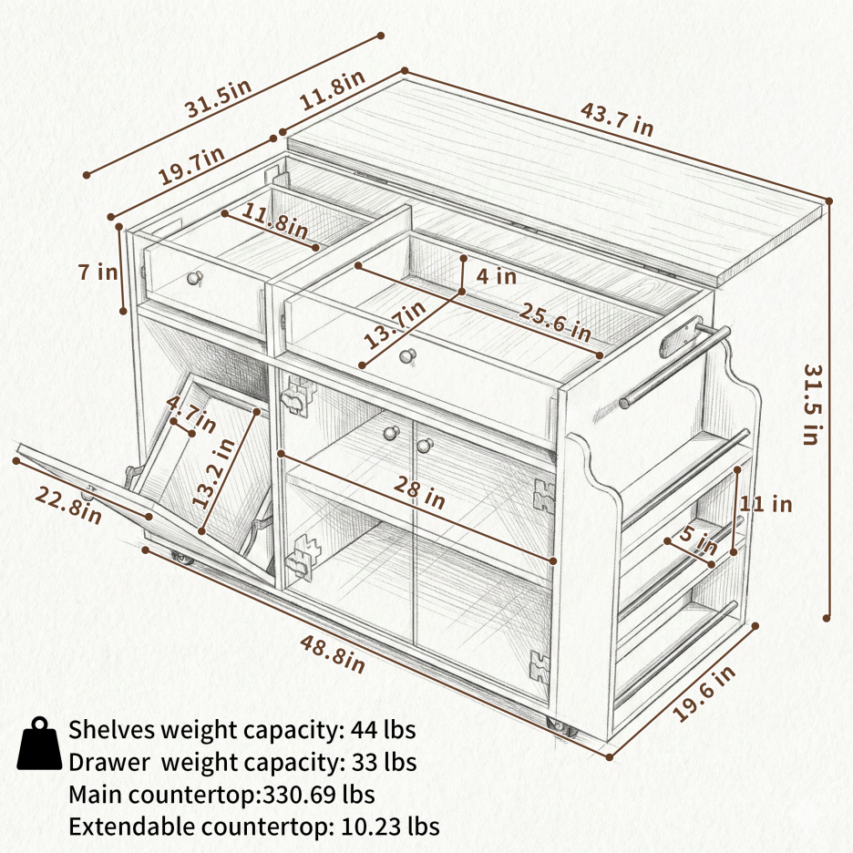 Rolling Kitchen Island Cart with Storage & Drop Leaf Extension - White