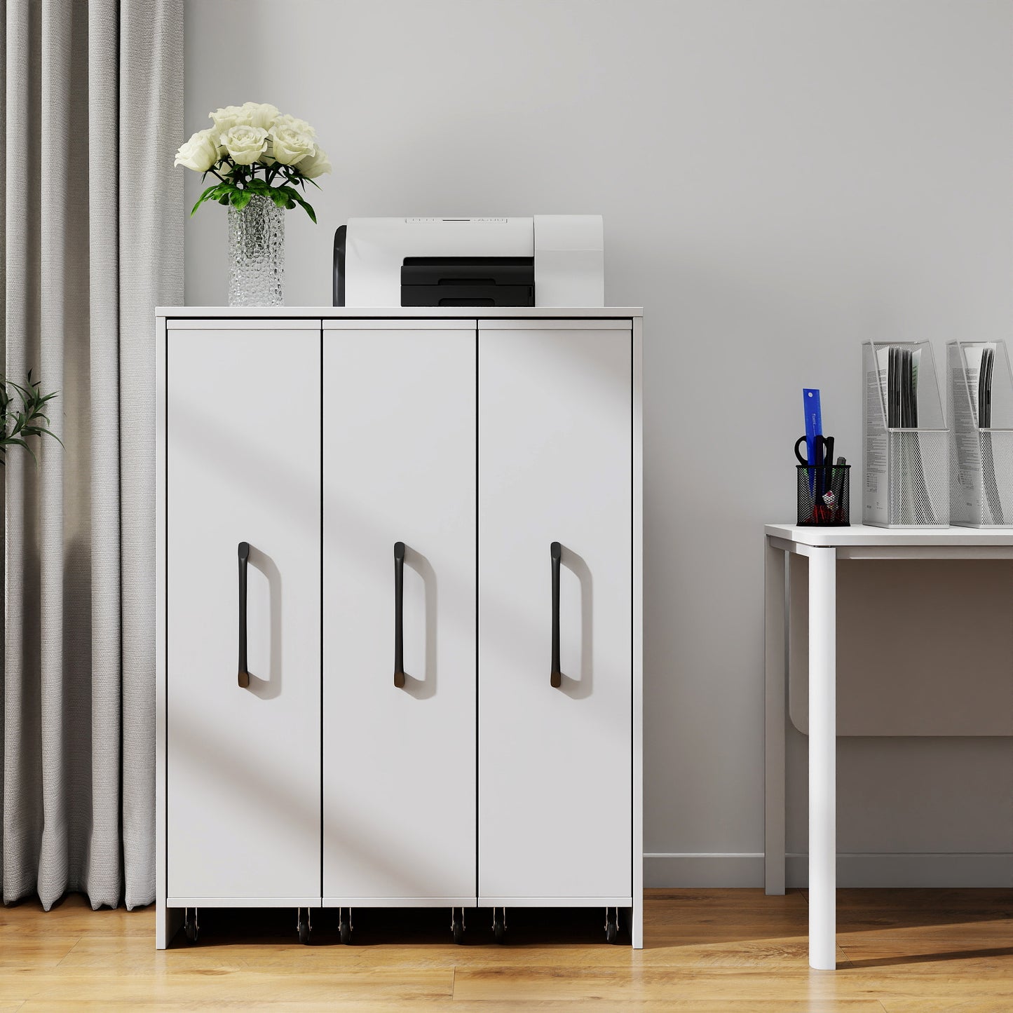 3-Tier Bookcase with Sliding Doors and Wheels - White