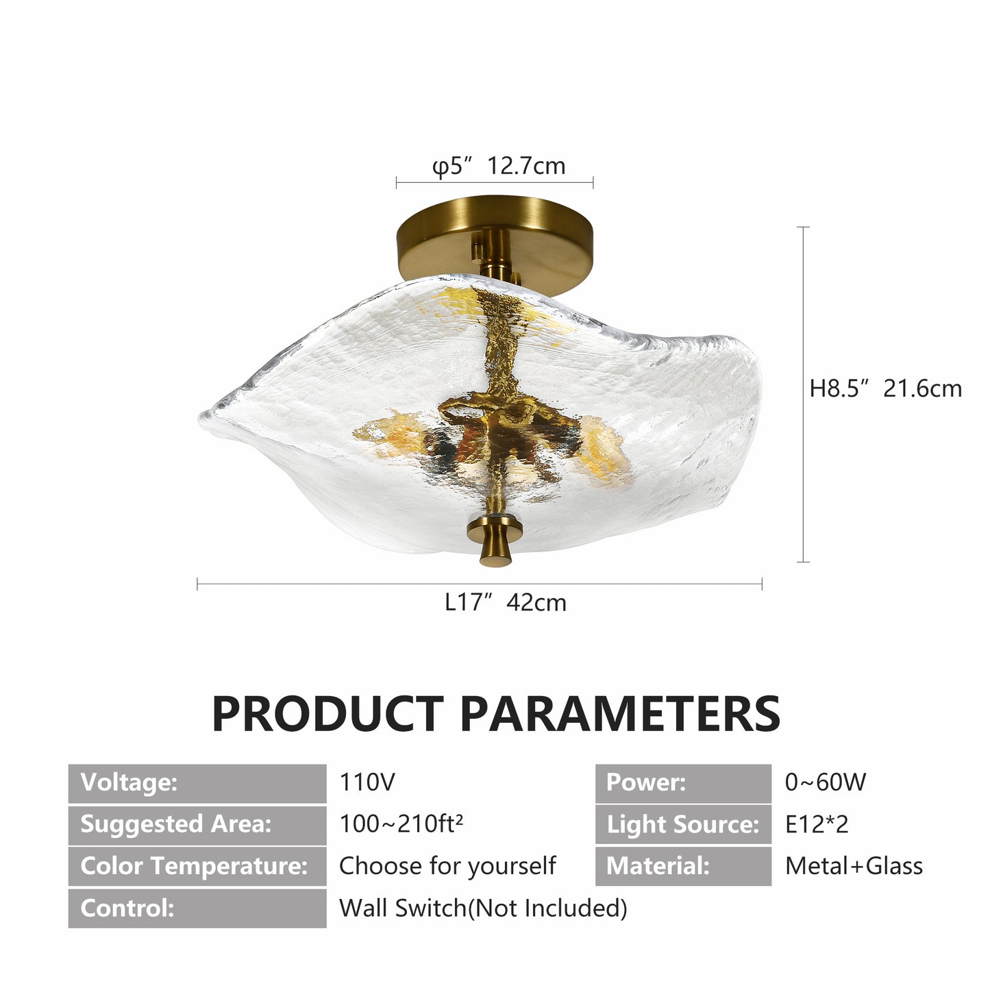 16.5 Inch Gold Semi Flush Mount Ceiling Light Modern Glass Fixture for Bedroom Bathroom Kitchen
