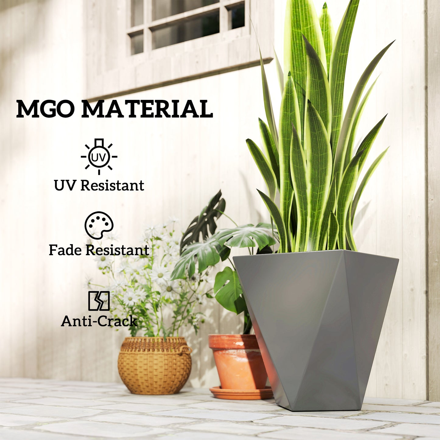 Stackable Garden Planters Set of 3 Tall Magnesium Oxide Pots with Drainage Holes - Gray