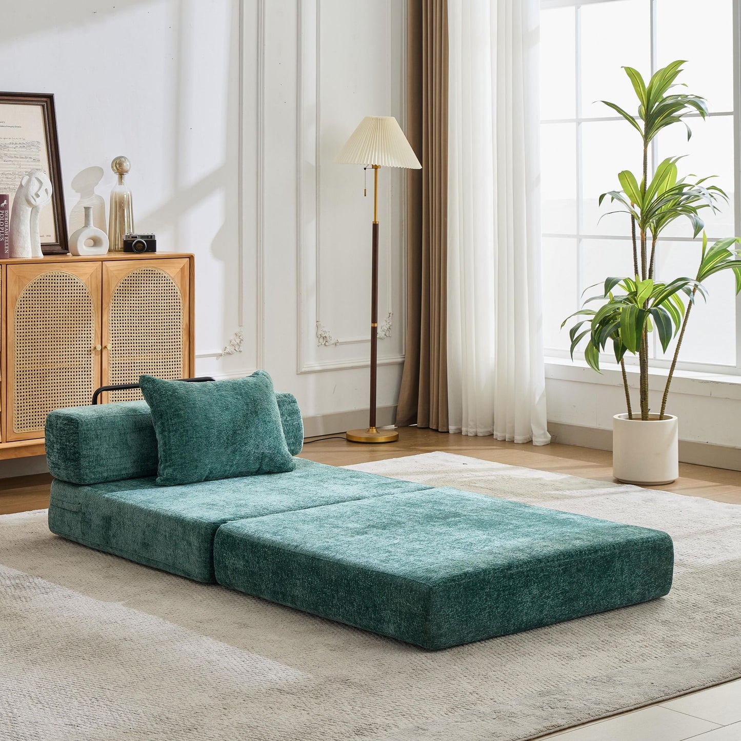 Convertible Floor Sofa Bed - Dark Green Chenille Fabric