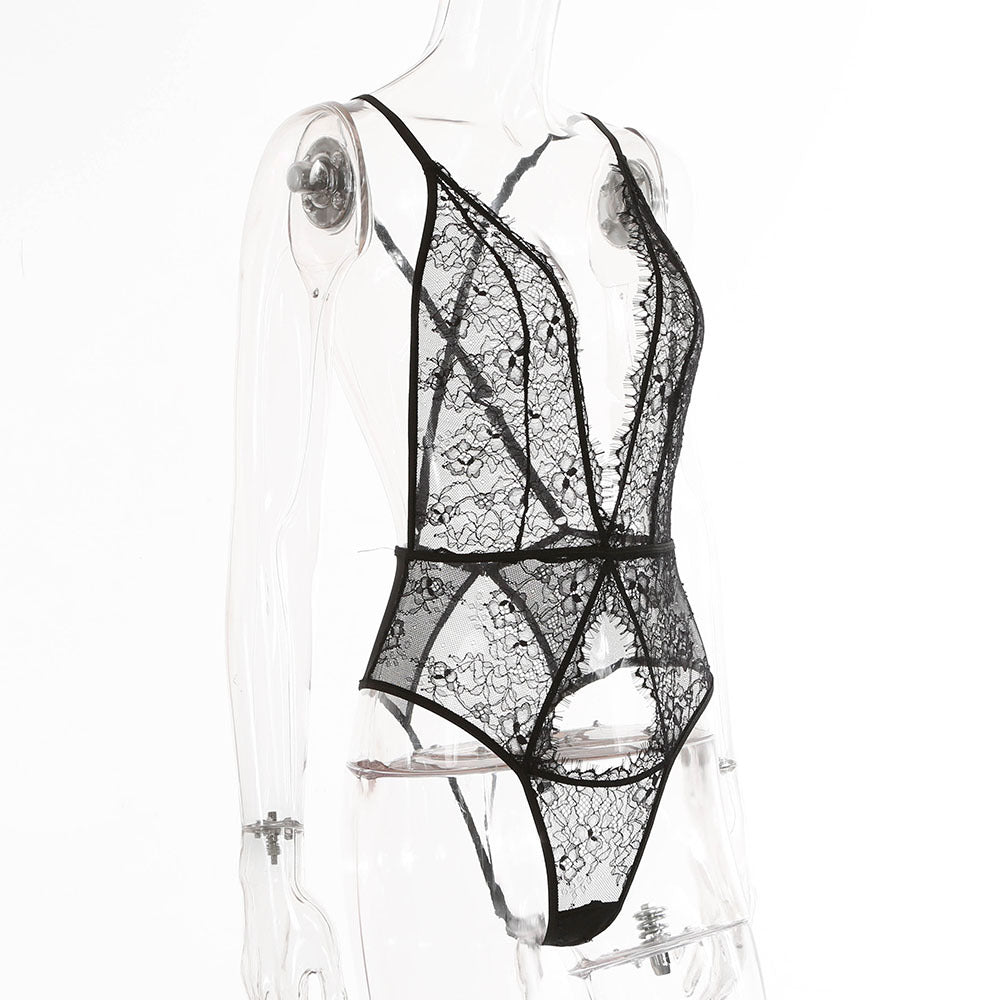Lace Bodysuit with Deep V Neck and Waist Shaping - Black, S/M