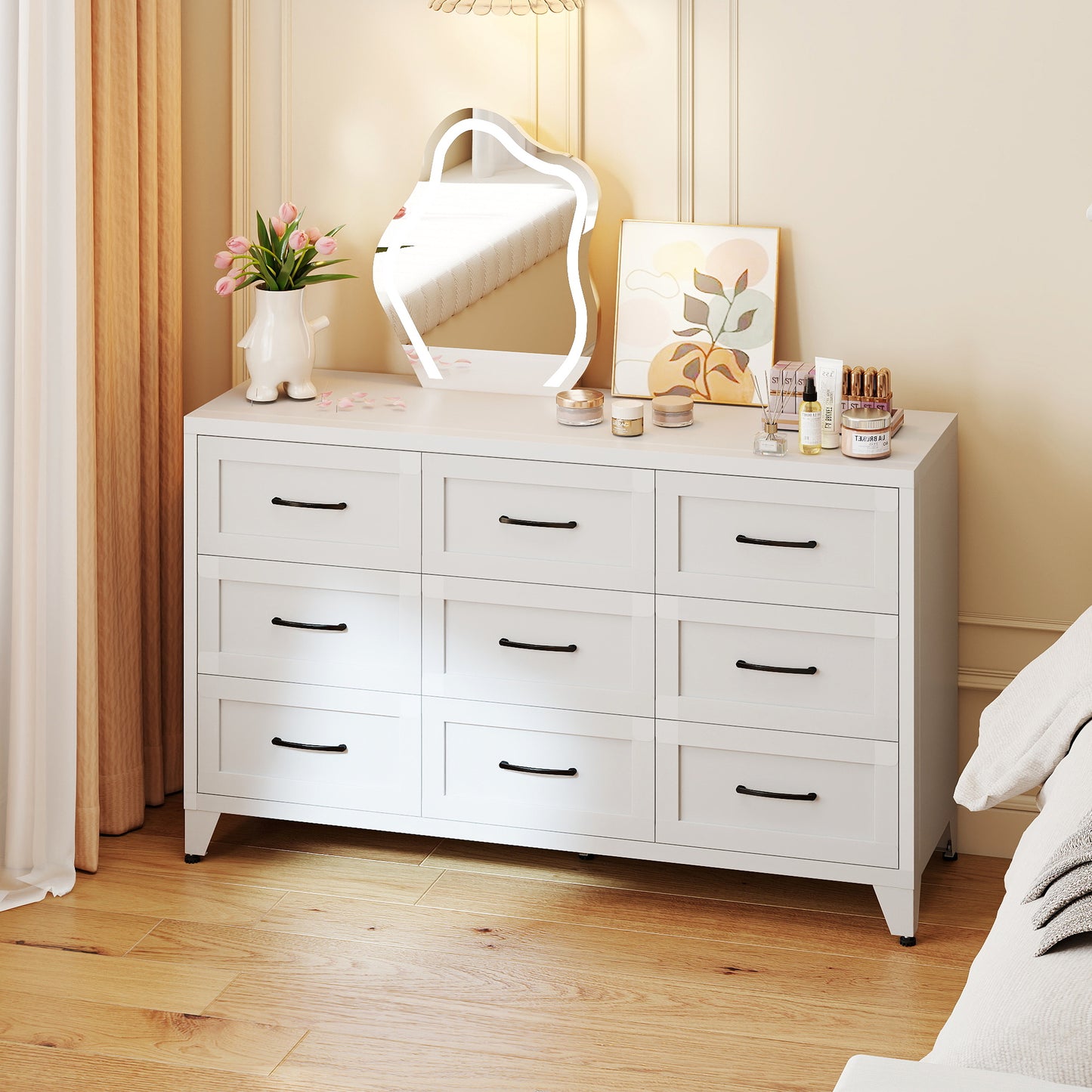 9 Drawer Dresser For Bedroom, Metal Profile Chest Of Drawers, White