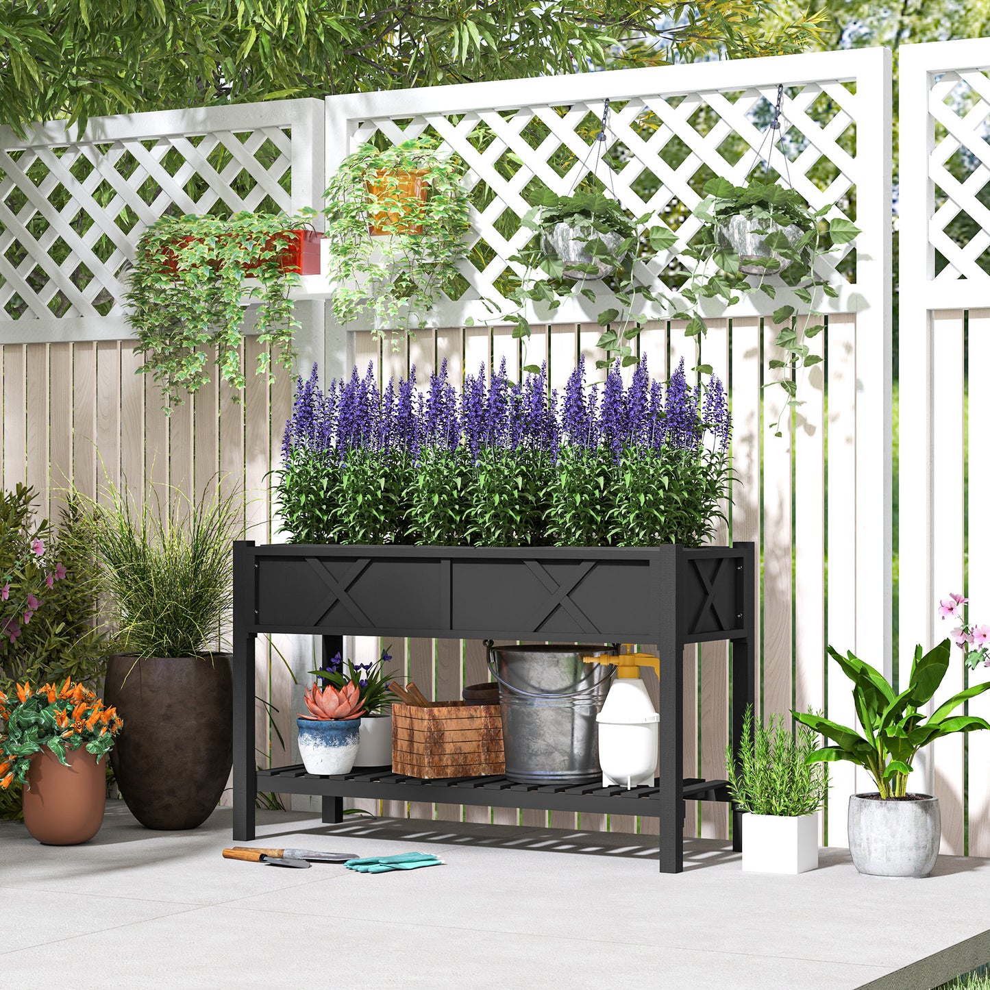 Raised Garden Bed with Storage Shelf and Drainage Holes - Black Wooden Planter Box