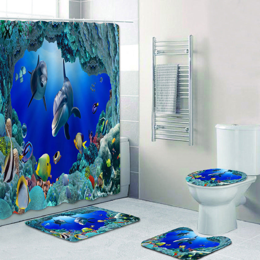 Bathroom Shower Curtain and Floor Mat Set Ocean World Printing - 4 Piece