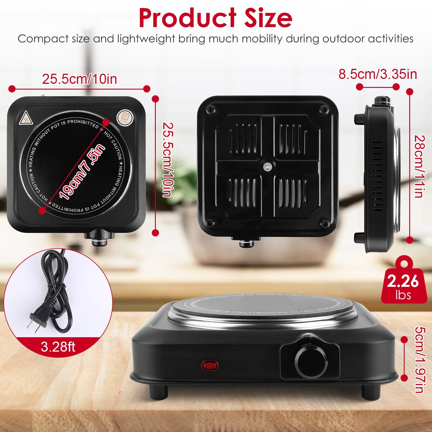 Portable Infrared Single Burner Hot Plate with 7.5in Glass Cooktop 1200W Stepless Temp Control