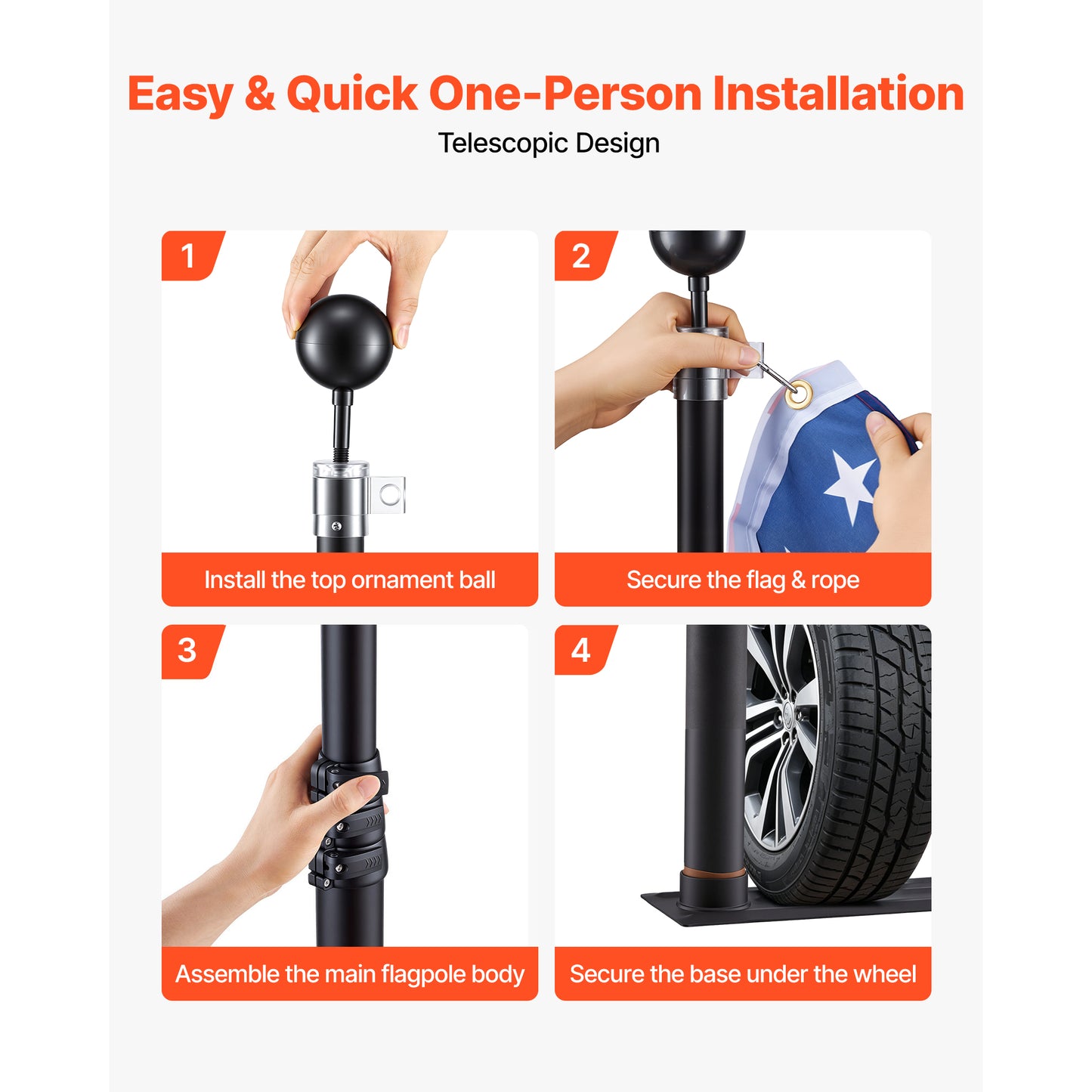 20ft Heavy Duty Telescopic Flag Pole Kit with Mounting Base and American Flag for Vehicles