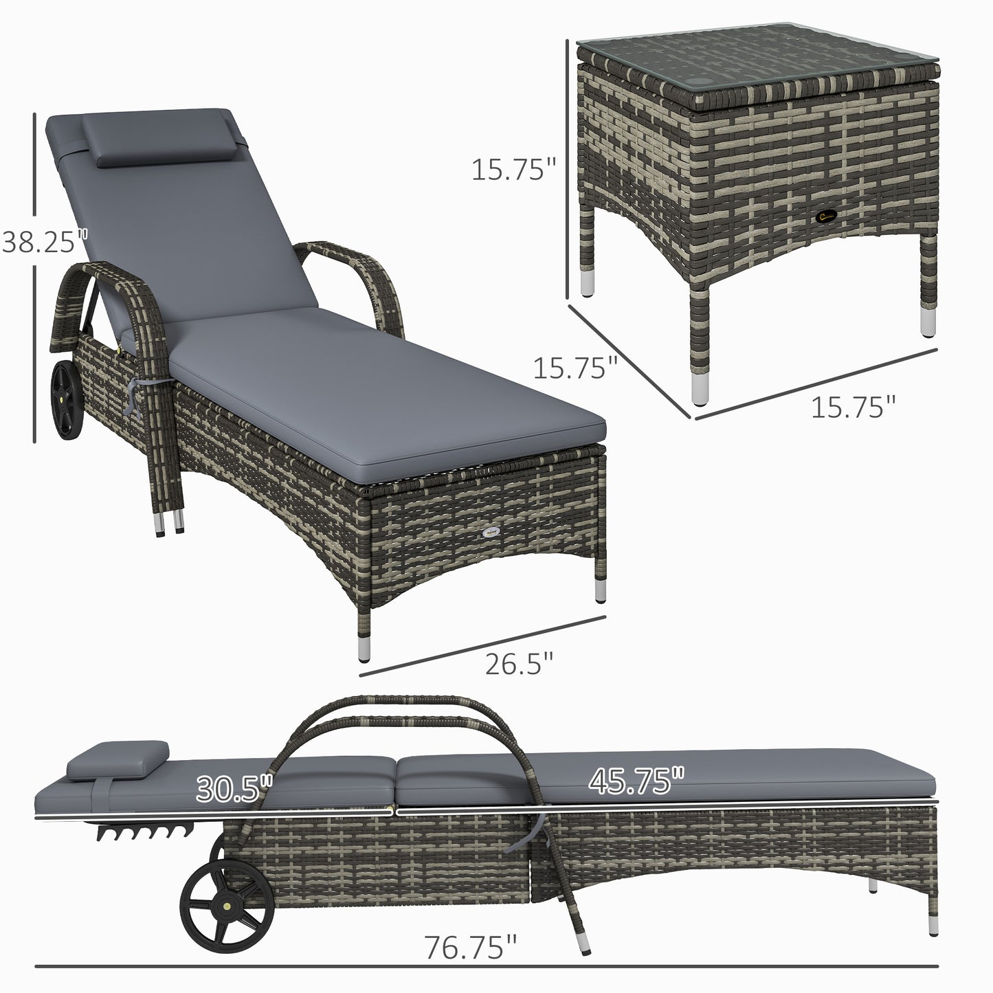 Adjustable Patio Wicker Chaise Lounge Chair Set with Table - Gray
