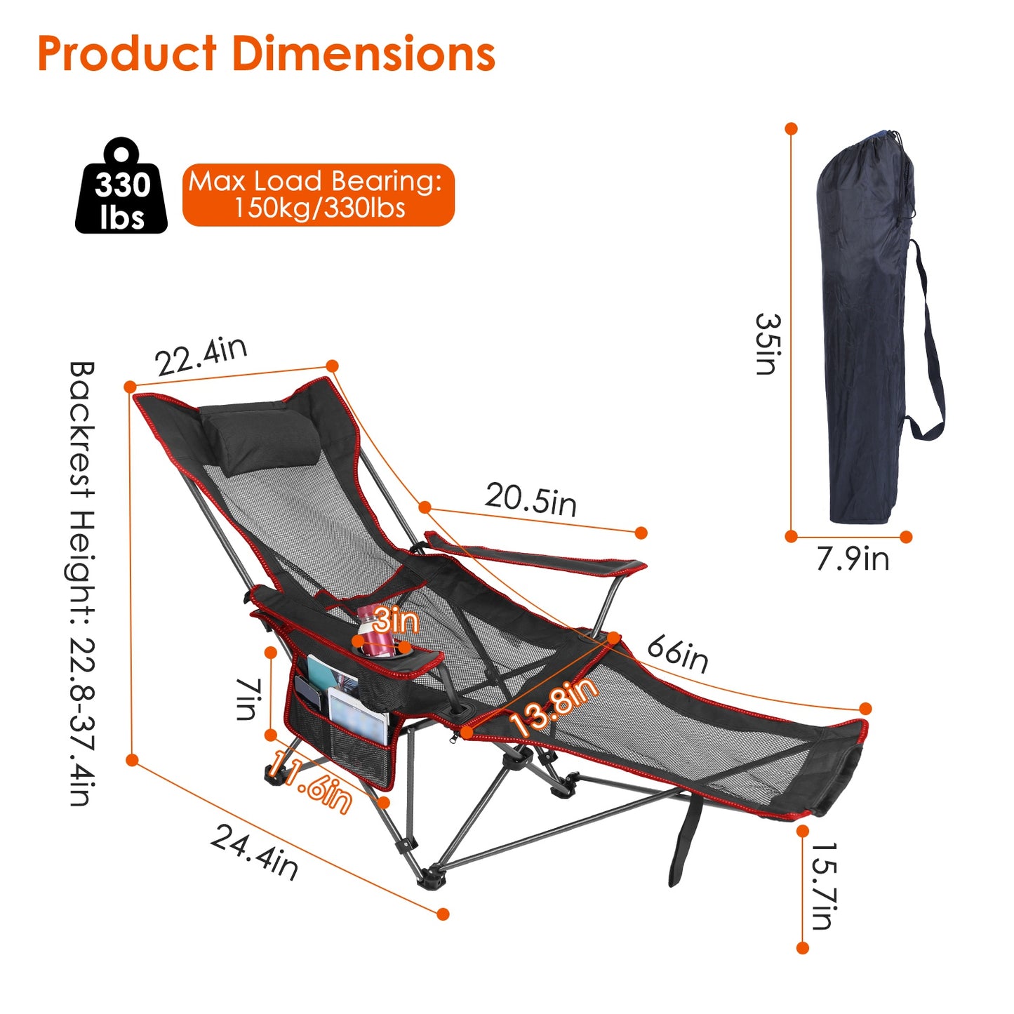 Foldable Heavy Duty Camping Chair with Reclining Backrest and Cup Holder