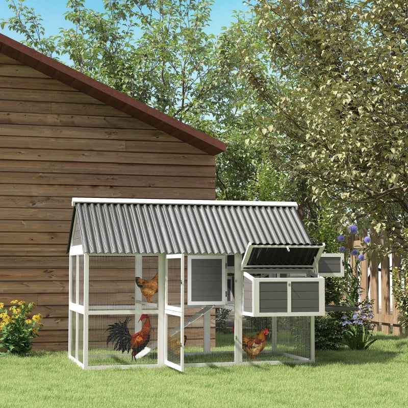 Wooden Chicken Coop with Run, Nesting Boxes, Roosting Bars, Ramp & Tray - Gray