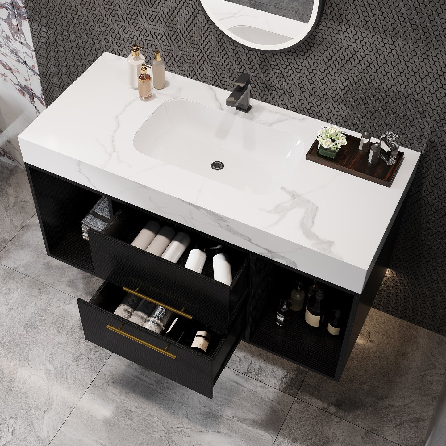 39.4" Modern Floating Bathroom Vanity with Ceramic Sink - White & Black