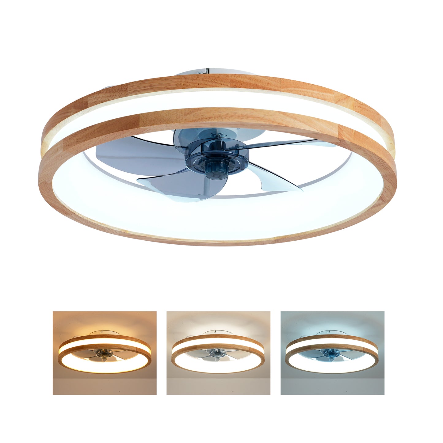 Modern Flush Mount Ceiling Fan with LED Light & Remote Control - Natural Wood White