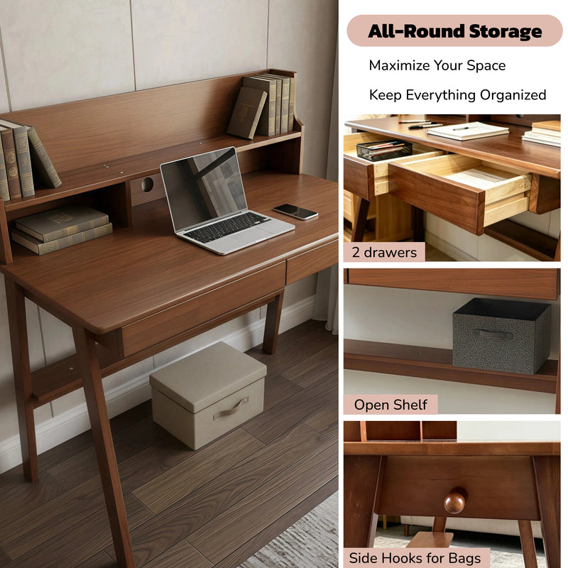 Solid Wood Mid-Century Writing Desk with Drawers - Natural