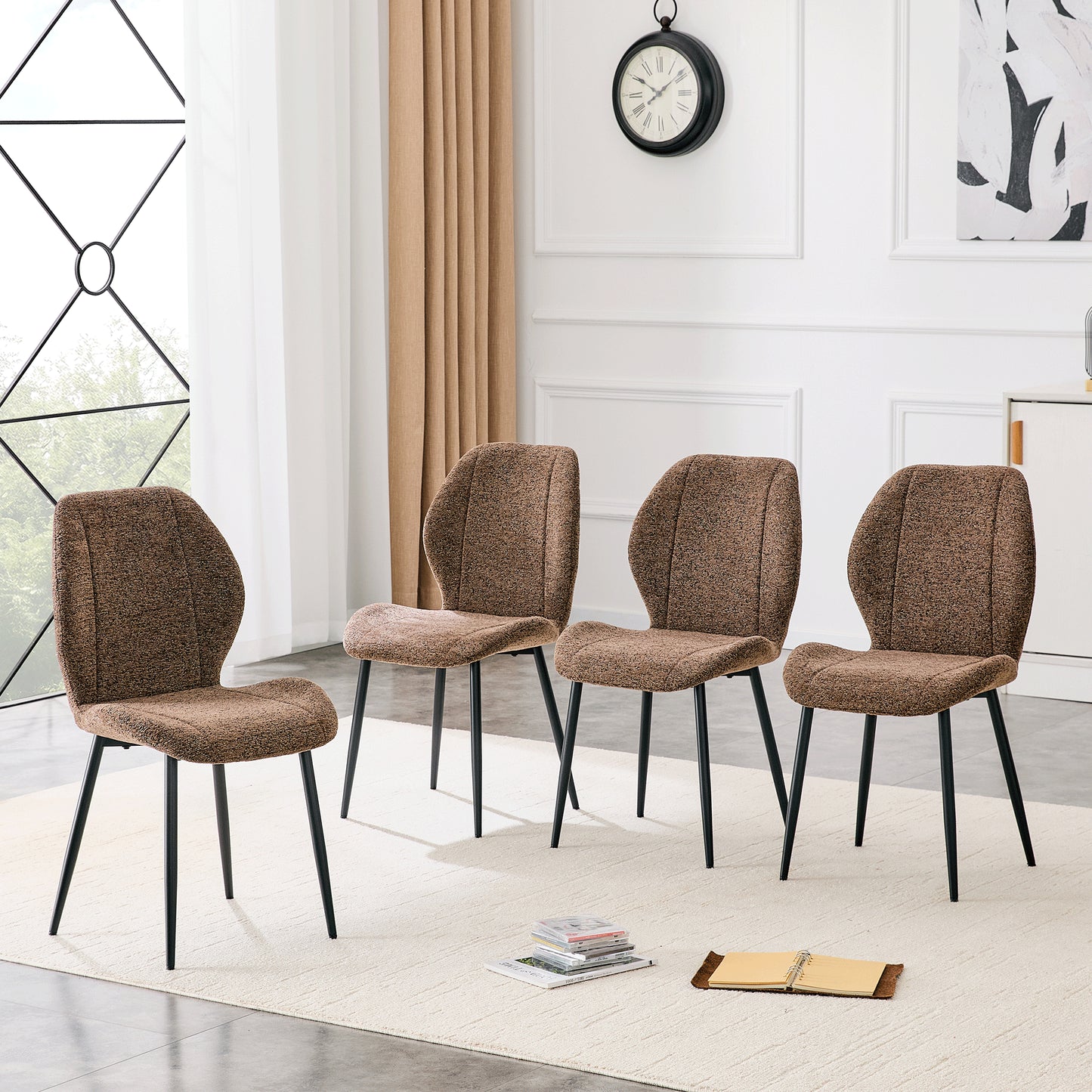 Set of 4 Retro Minimalist Brown Fabric Dining Chairs - Black Metal Legs