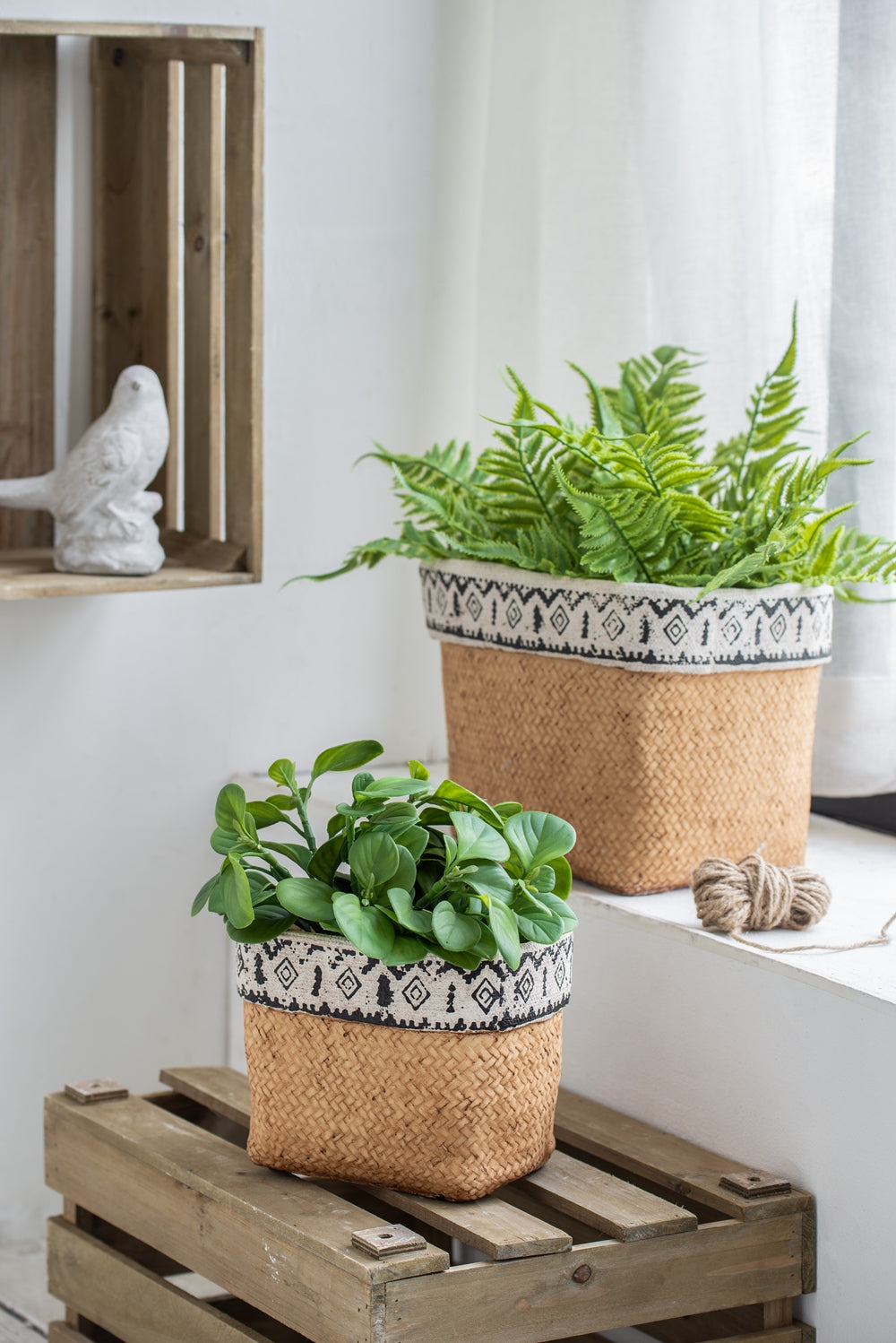 Set Of 2 Rectangular Basket Planters With Geometric Trim, L