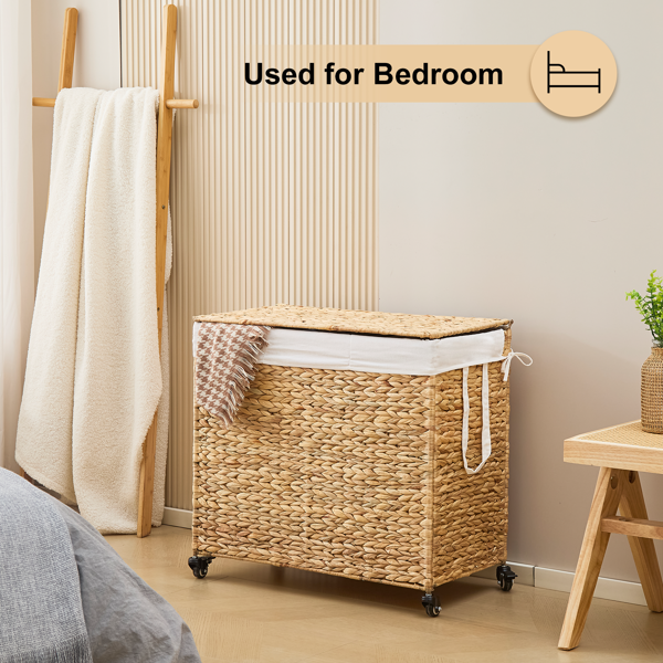 160L 3-Section Laundry Hamper With Lid And Wheels, Woven Natural