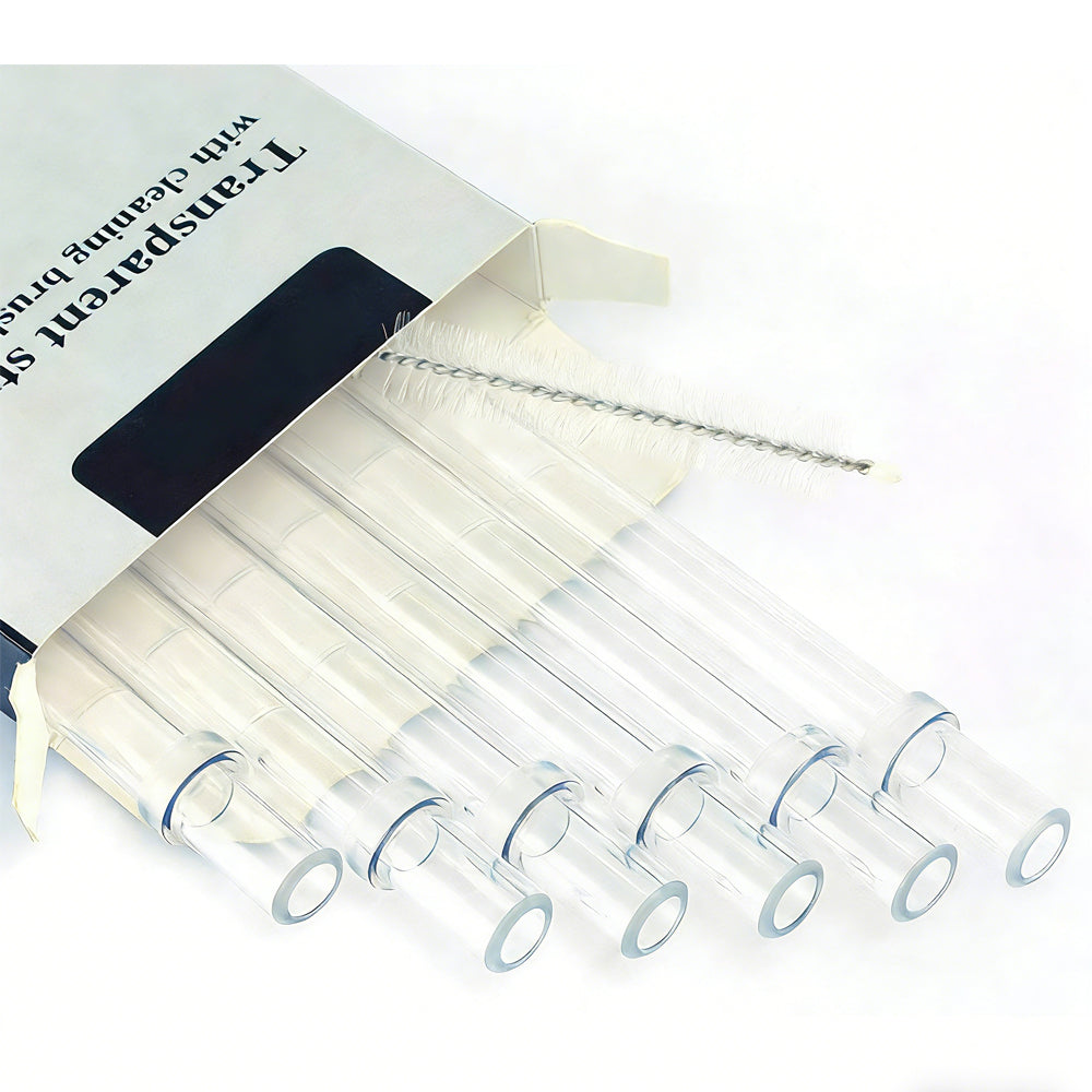Reusable Transparent Plastic Drinking Straws - Set of 6 with Cleaning Brushes