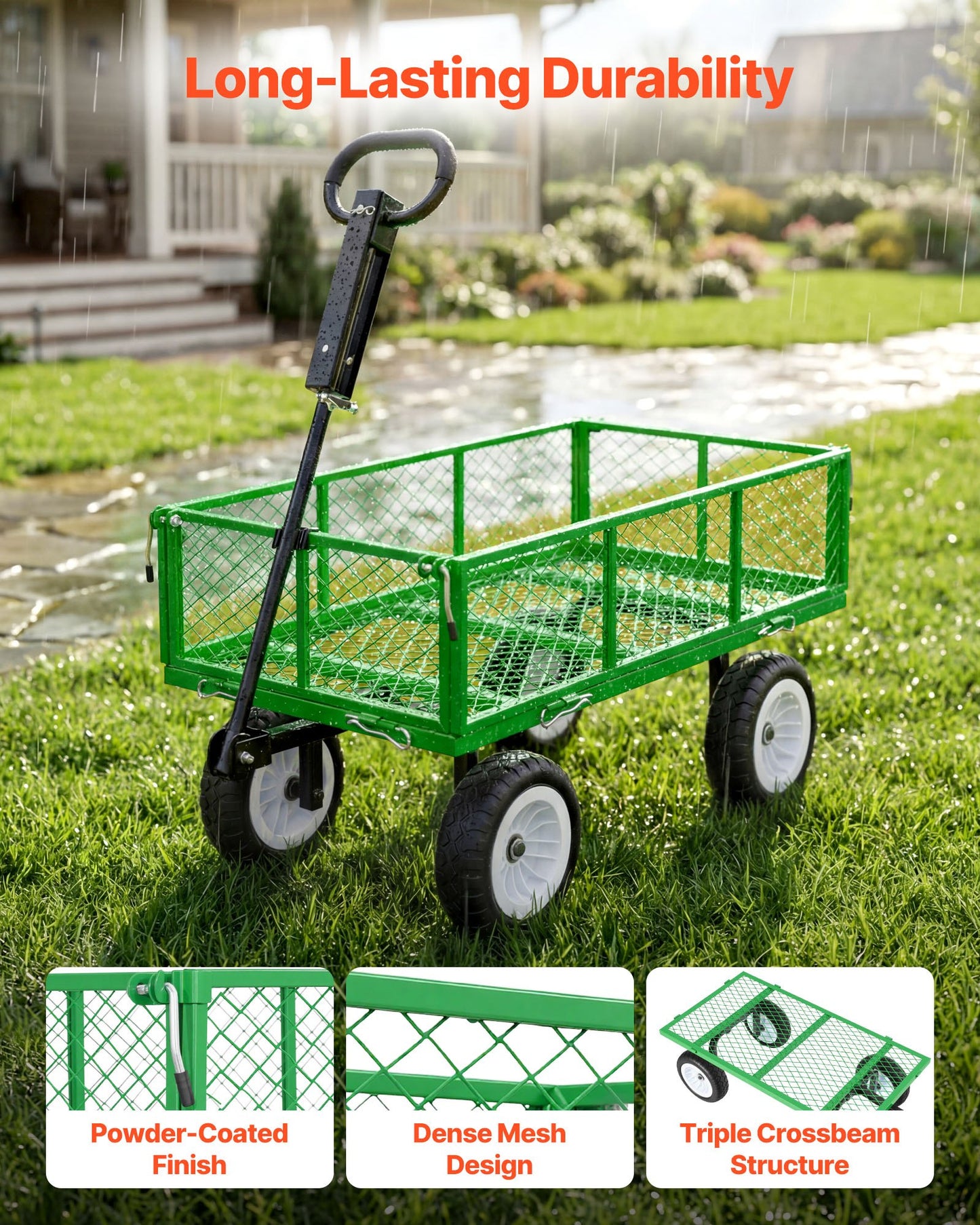 Heavy Duty Steel Garden Cart with 900LBS Load Capacity, Flat-Free Tires, Detachable Side Panels, and Adjustable Handle – Green