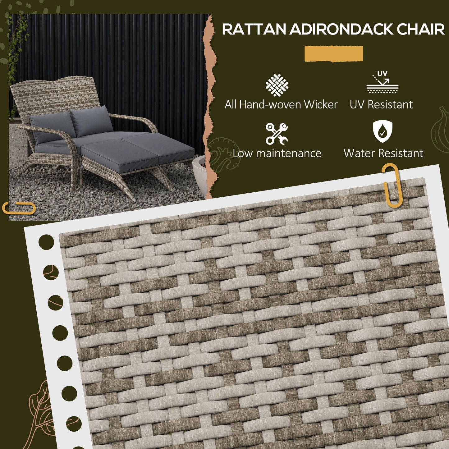 Adirondack Chair for 2 with Cushions & Footrests - Gray