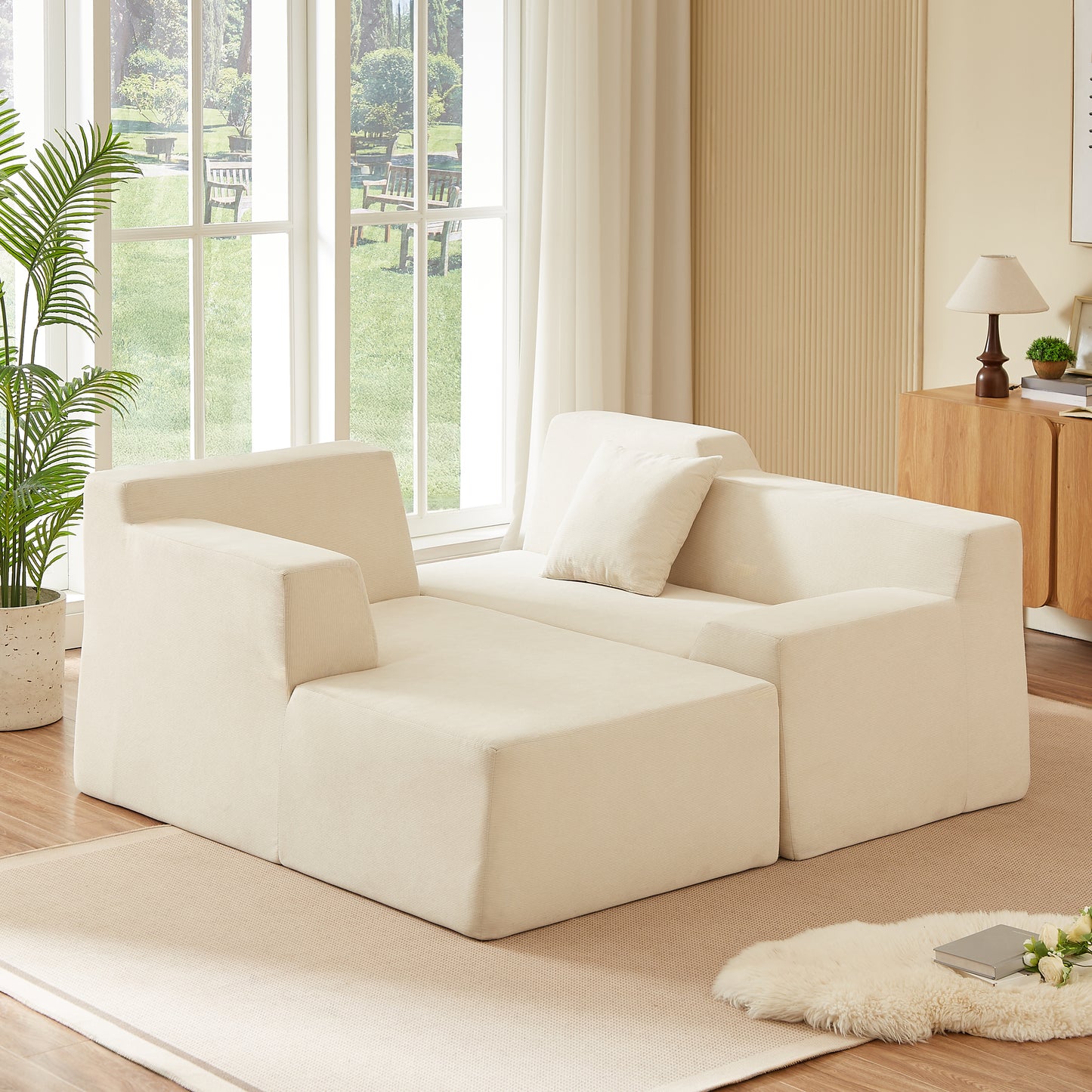 L-Shaped Minimalist Corduroy Sofa - High Back, Beige