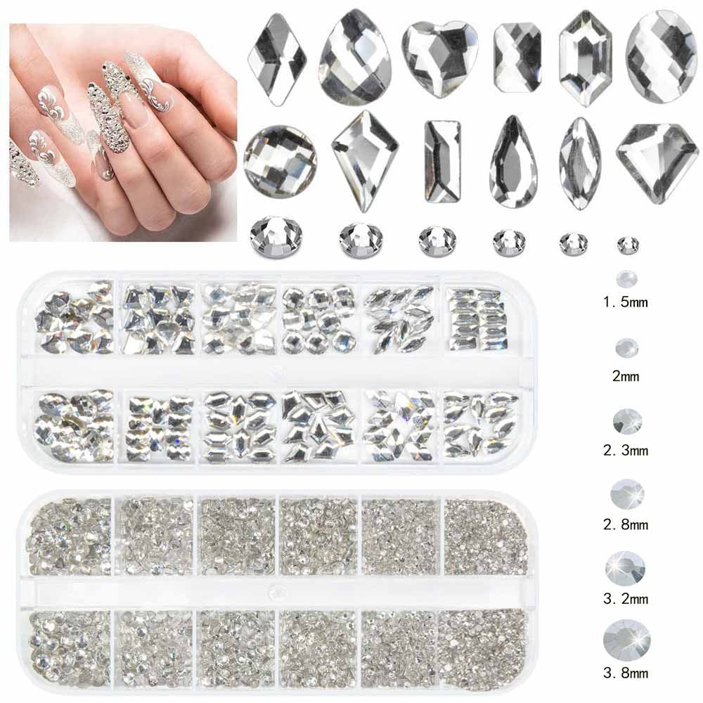 12-Grid Crystal Nail Art Decoration Set - Water Drop & Heart Shapes