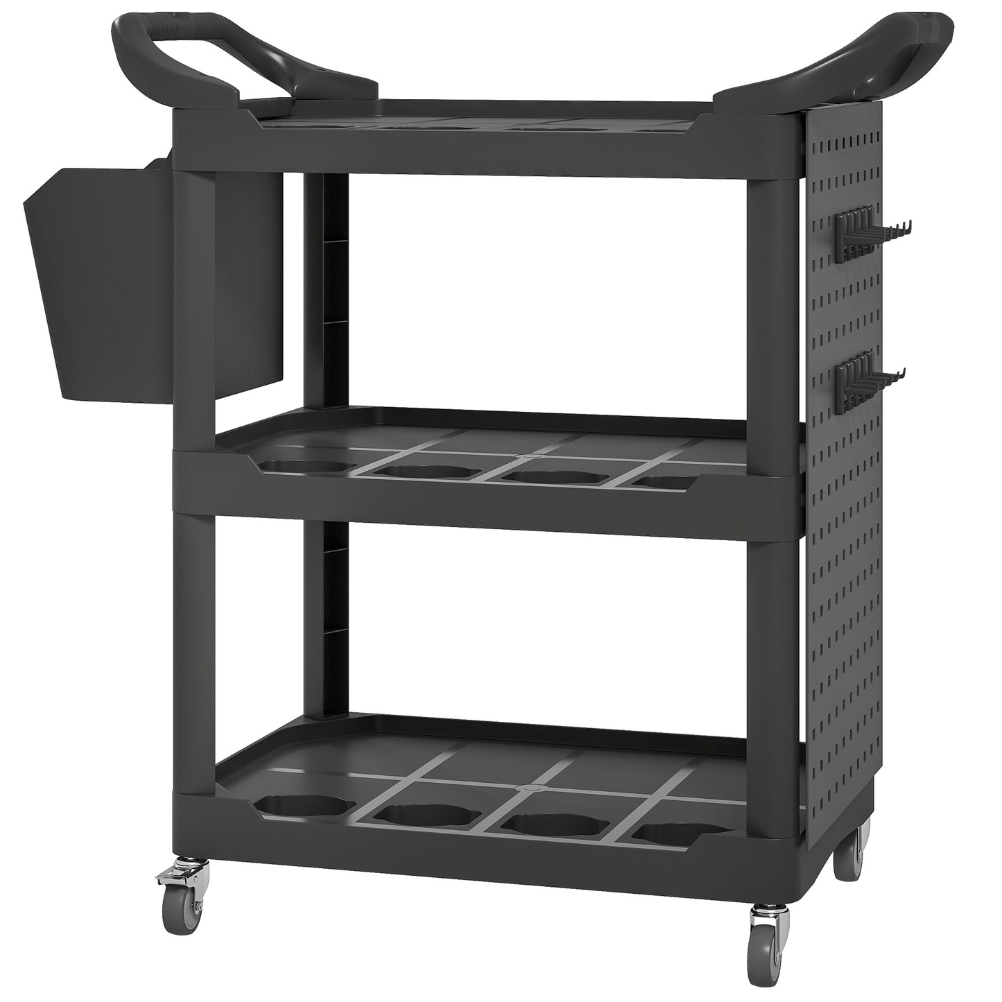 3-Tier Rolling Tool Cart with Side Shelf and Storage Bucket, Black