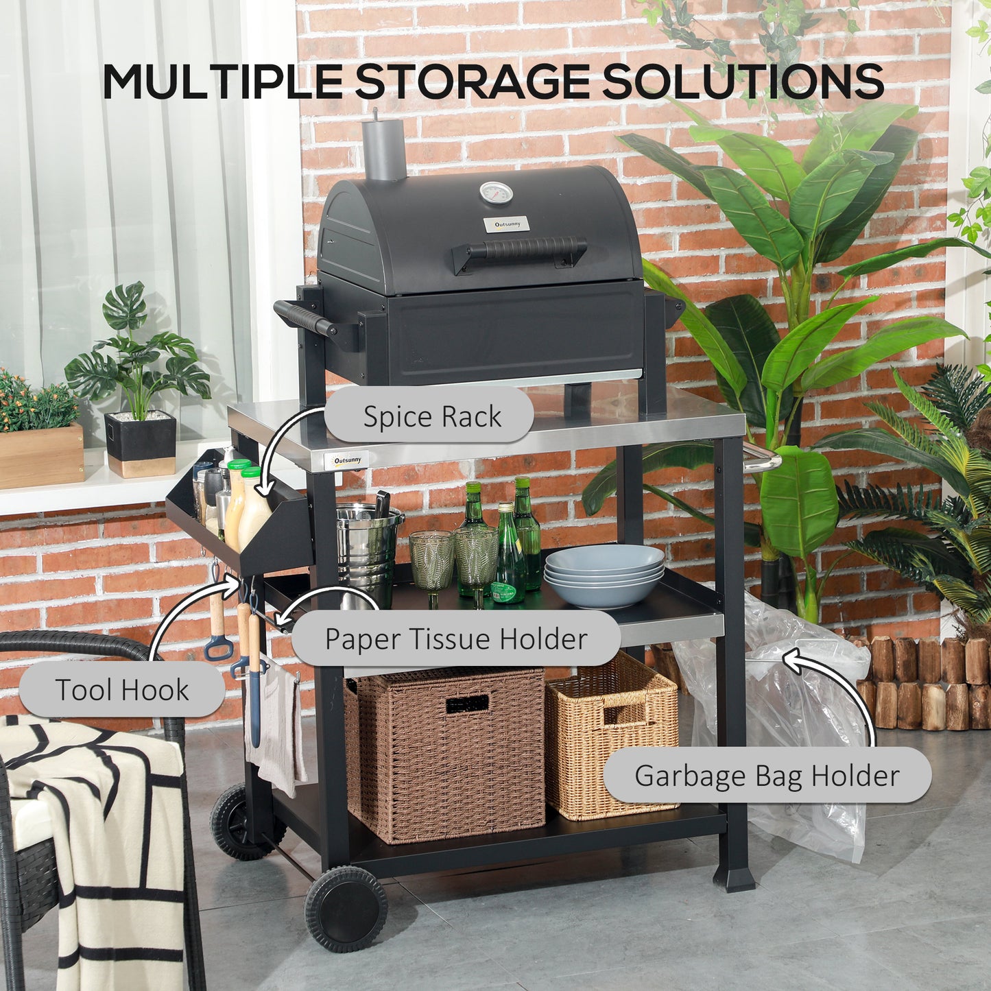 Stainless Steel Outdoor Grill Cart with Wheels - Black