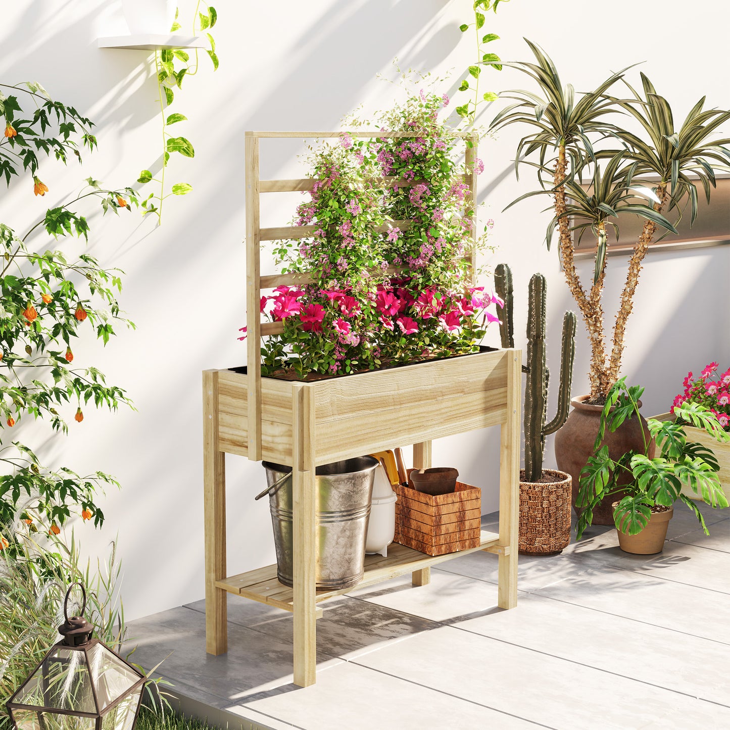 Wooden Raised Garden Bed with Trellis and Storage Shelf - Outdoor Planter Box