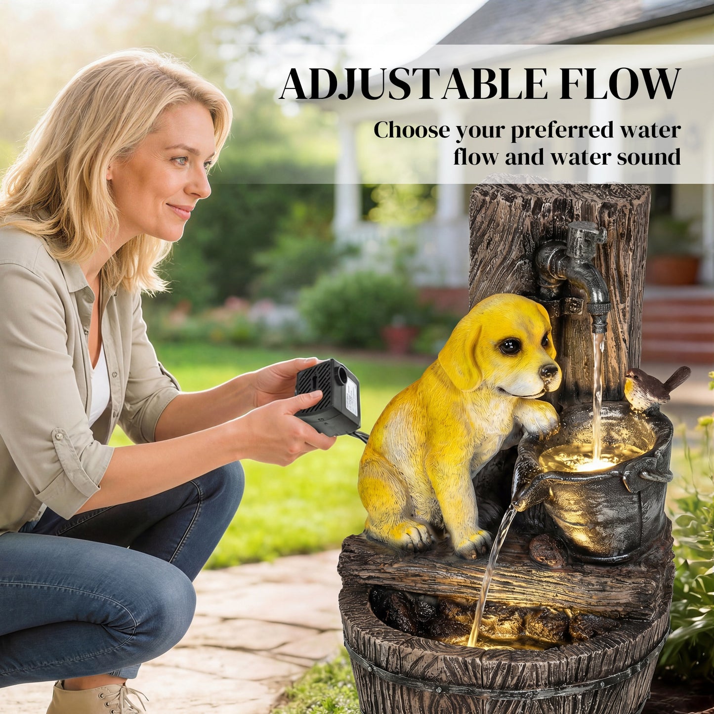 22-Inch Outdoor Fountain with Puppy Theme, Resin Garden Water Feature with LED Lights