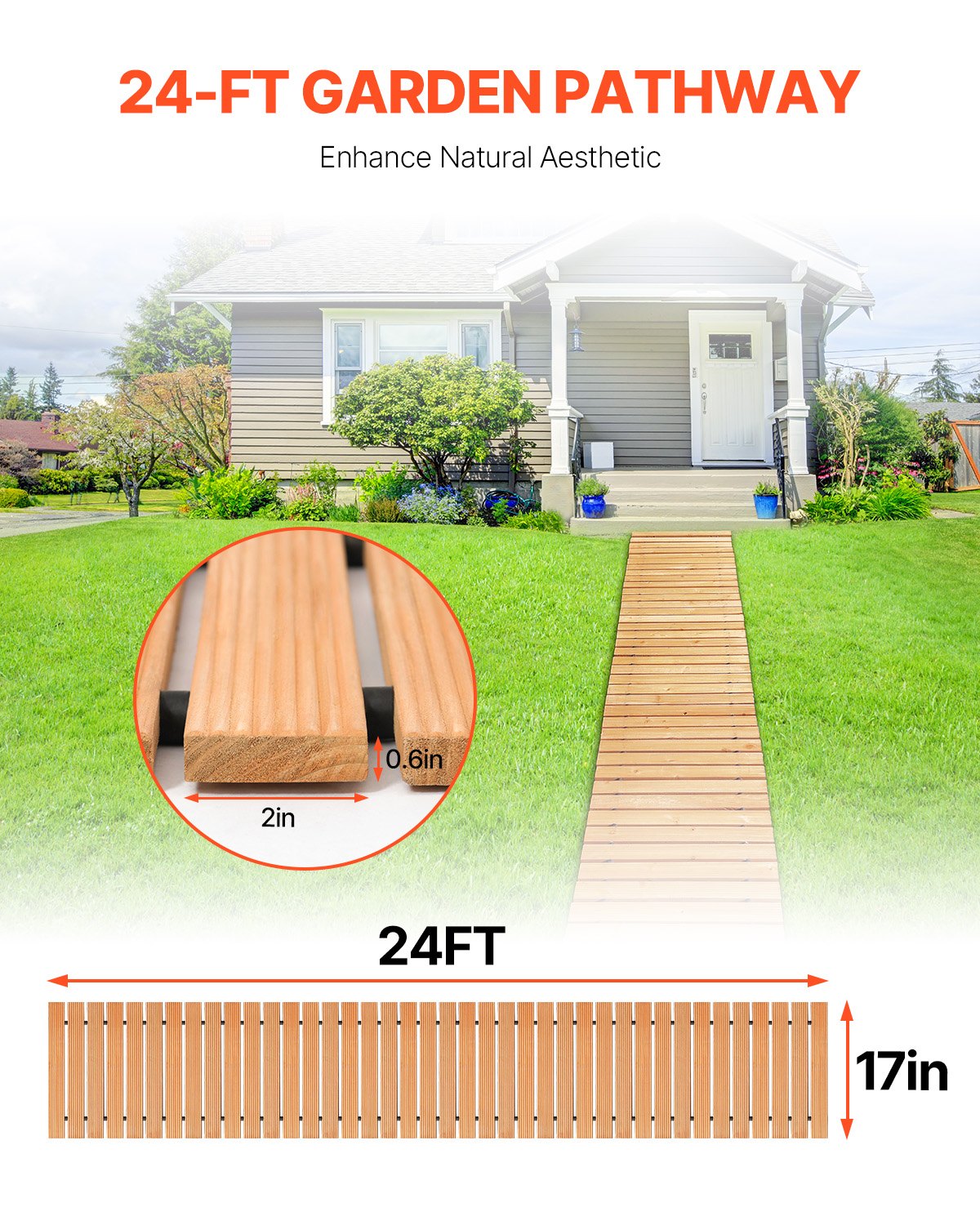 16 Ft Wooden Garden Pathway - Outdoor Walkway with Cedar Slats