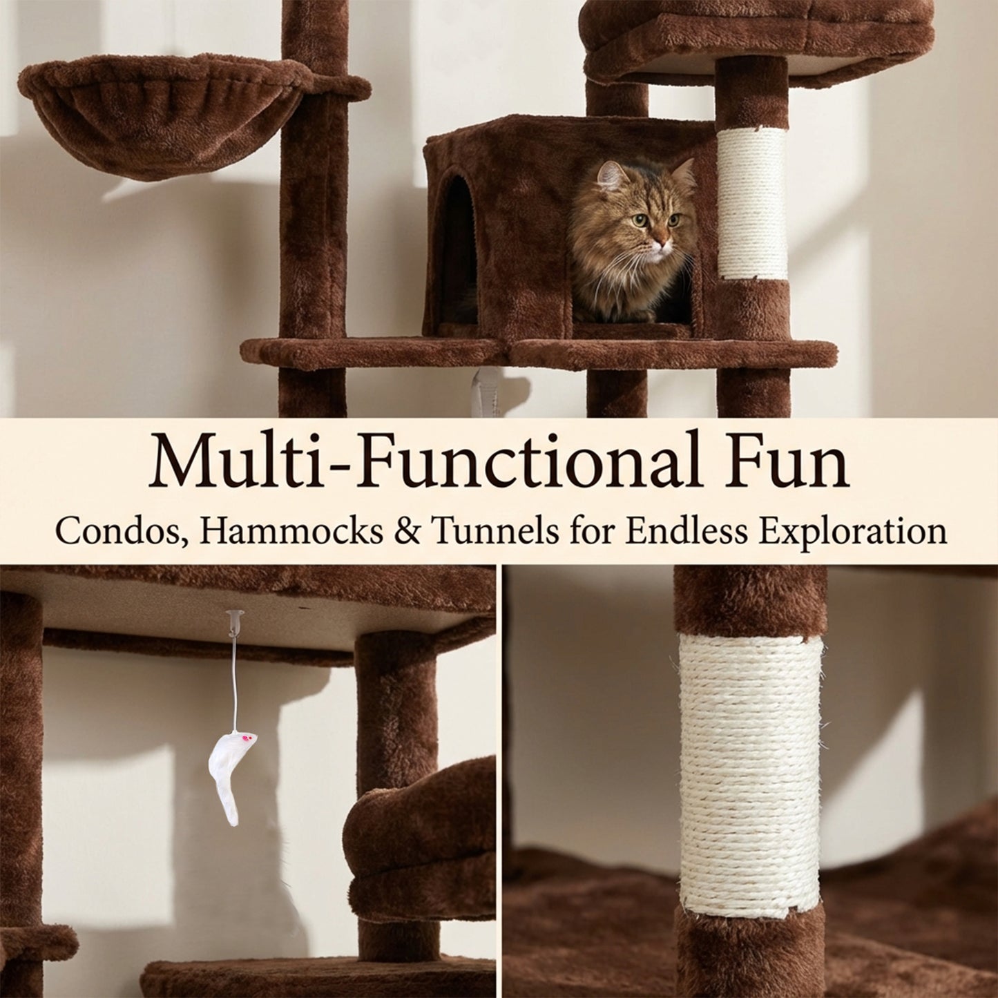 Tall Multi-Level Cat Tree with Hammocks & Scratching Posts - Brown 68in