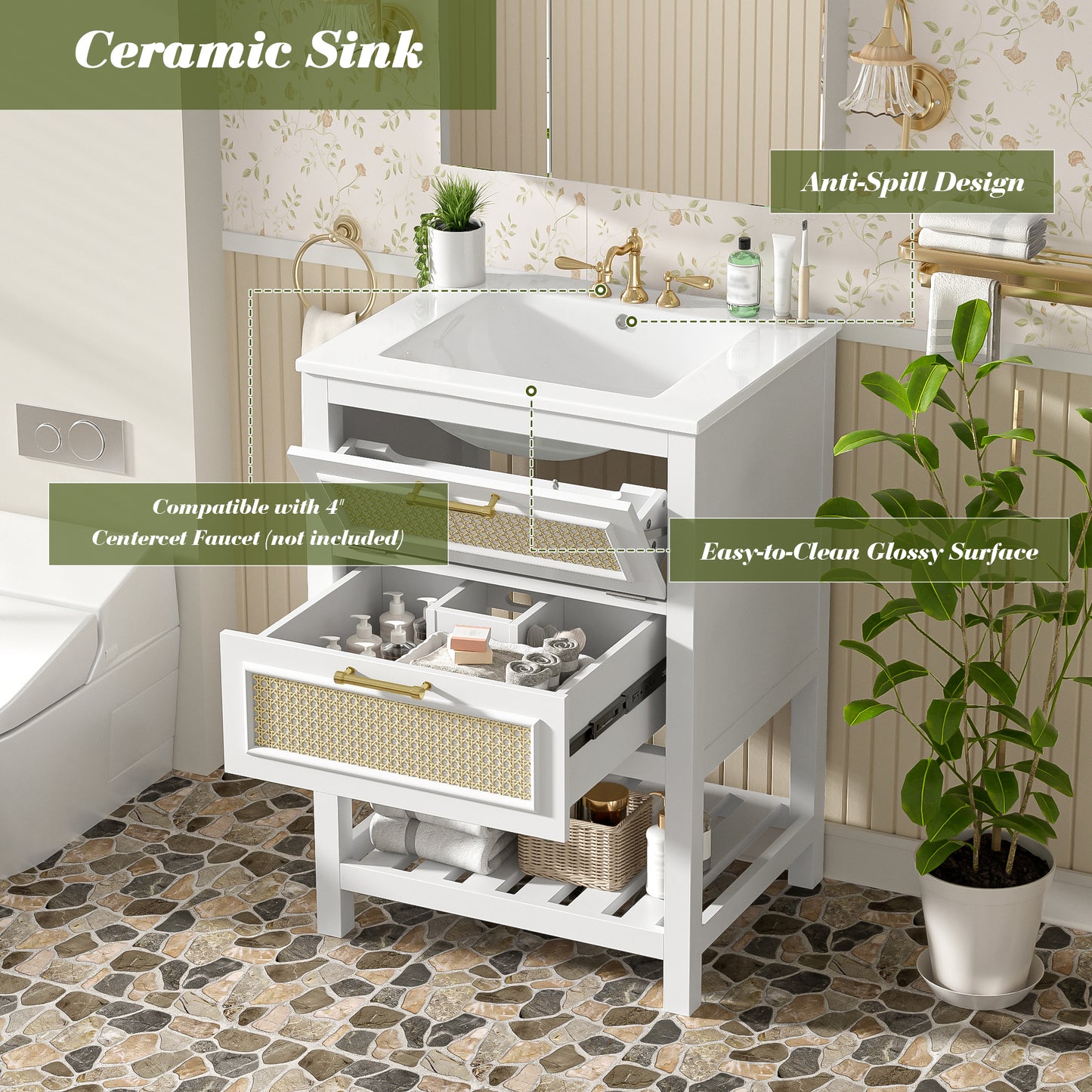 24 Bathroom Vanity With Integrated Ceramic Sink, Cabinet 1 Deep