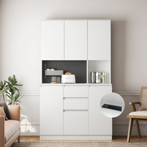 74 Inch White Kitchen Pantry Cabinet with Charging Station