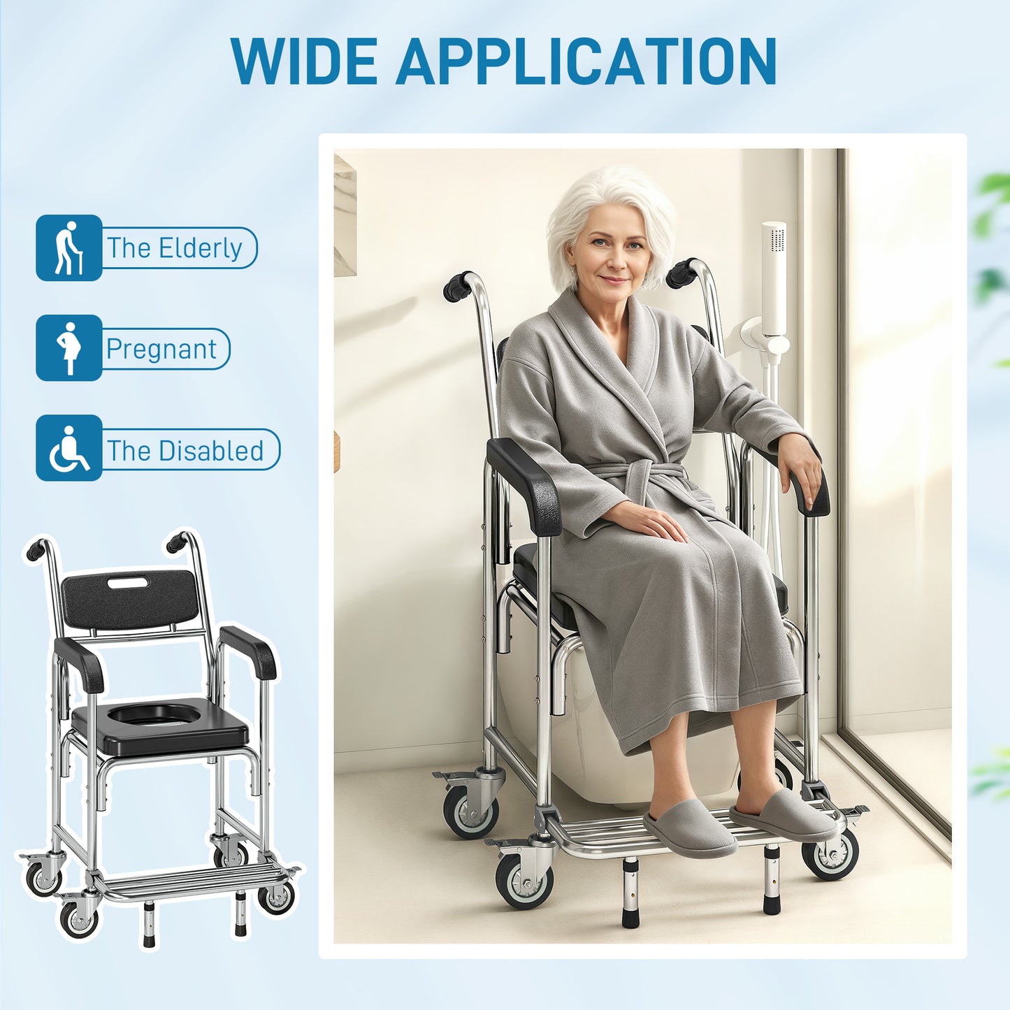 3-in-1 Shower Commode Wheelchair - Black Medical Rolling Chair
