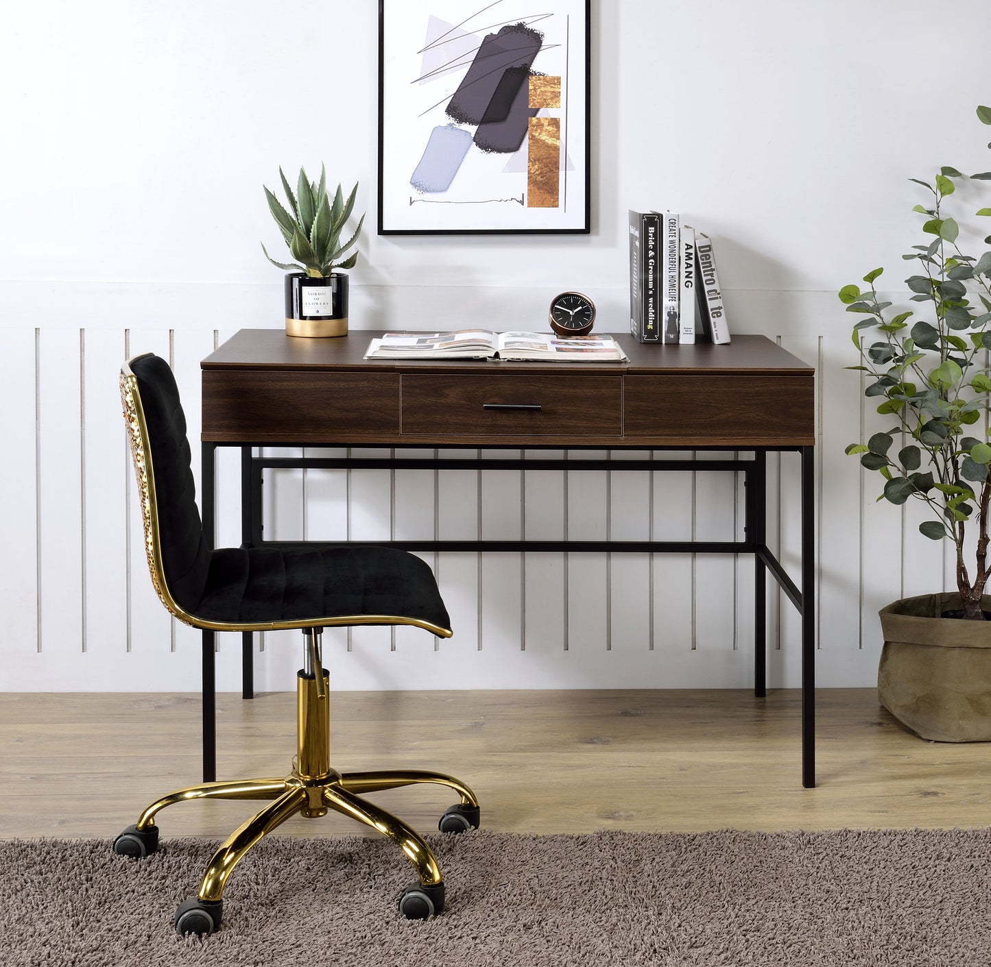 Black Oak Writing Desk with USB Port - 42" Rectangular Design